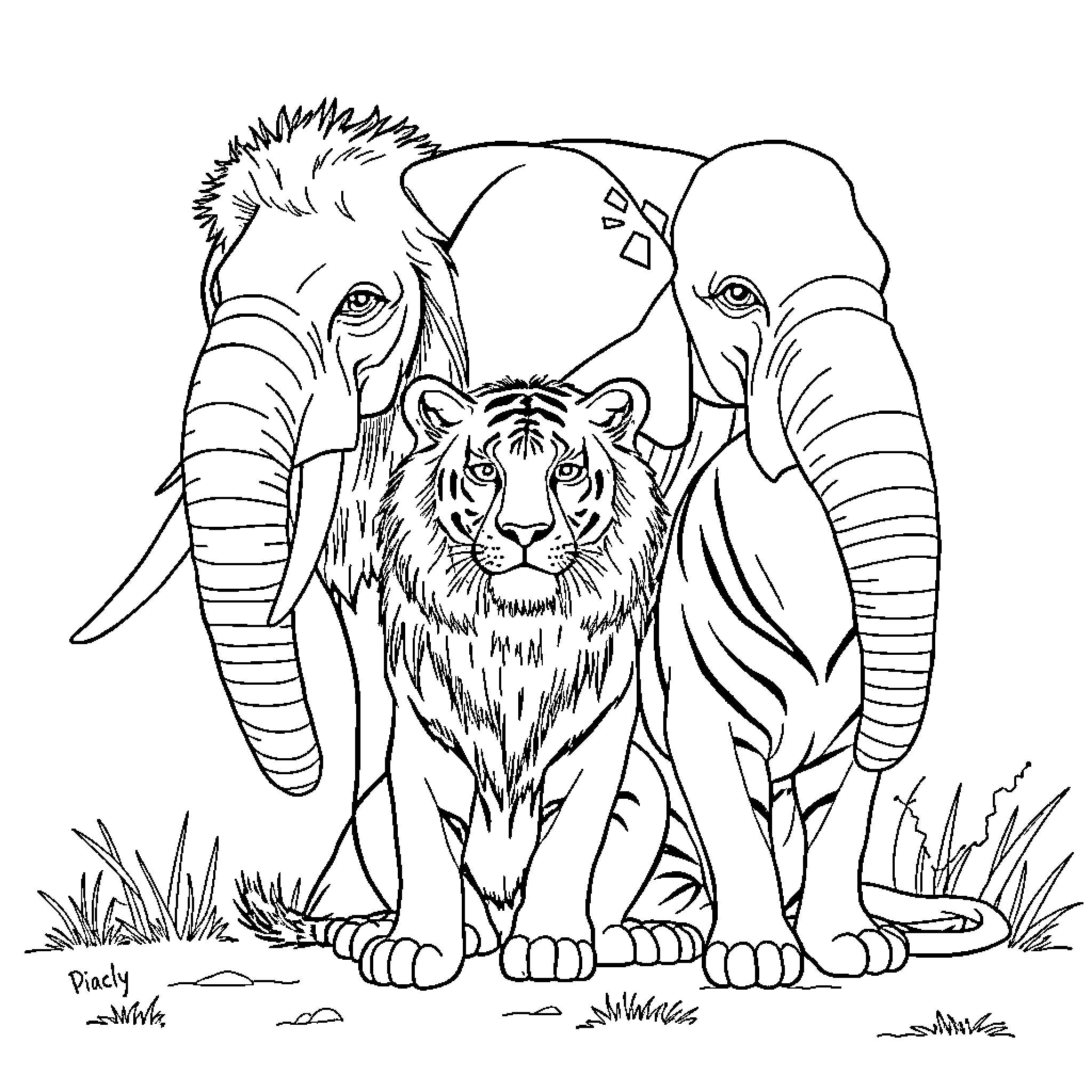 Lion among elephant companions in nature Coloring Page (free black-and-white line drawing printable PDF for all, from beginners to advanced learners, including children, teens, adults, and seniors)