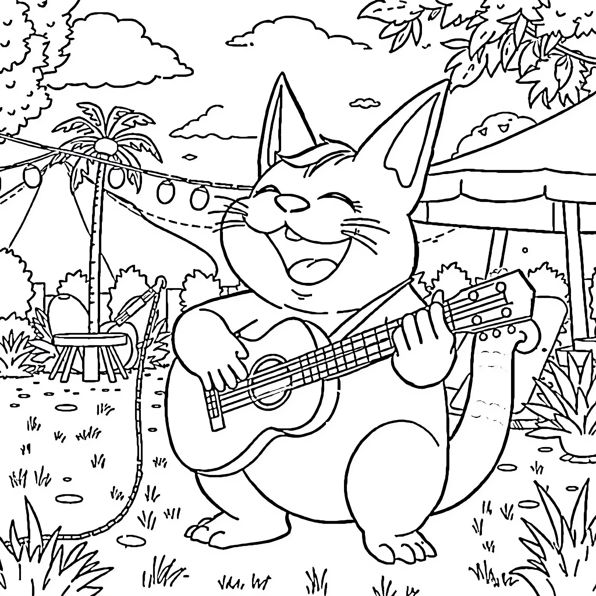 Gengar playing guitar in a tropical paradise Coloring Page (free black-and-white line drawing printable PDF for all, from beginners to advanced learners, including children, teens, adults, and seniors)