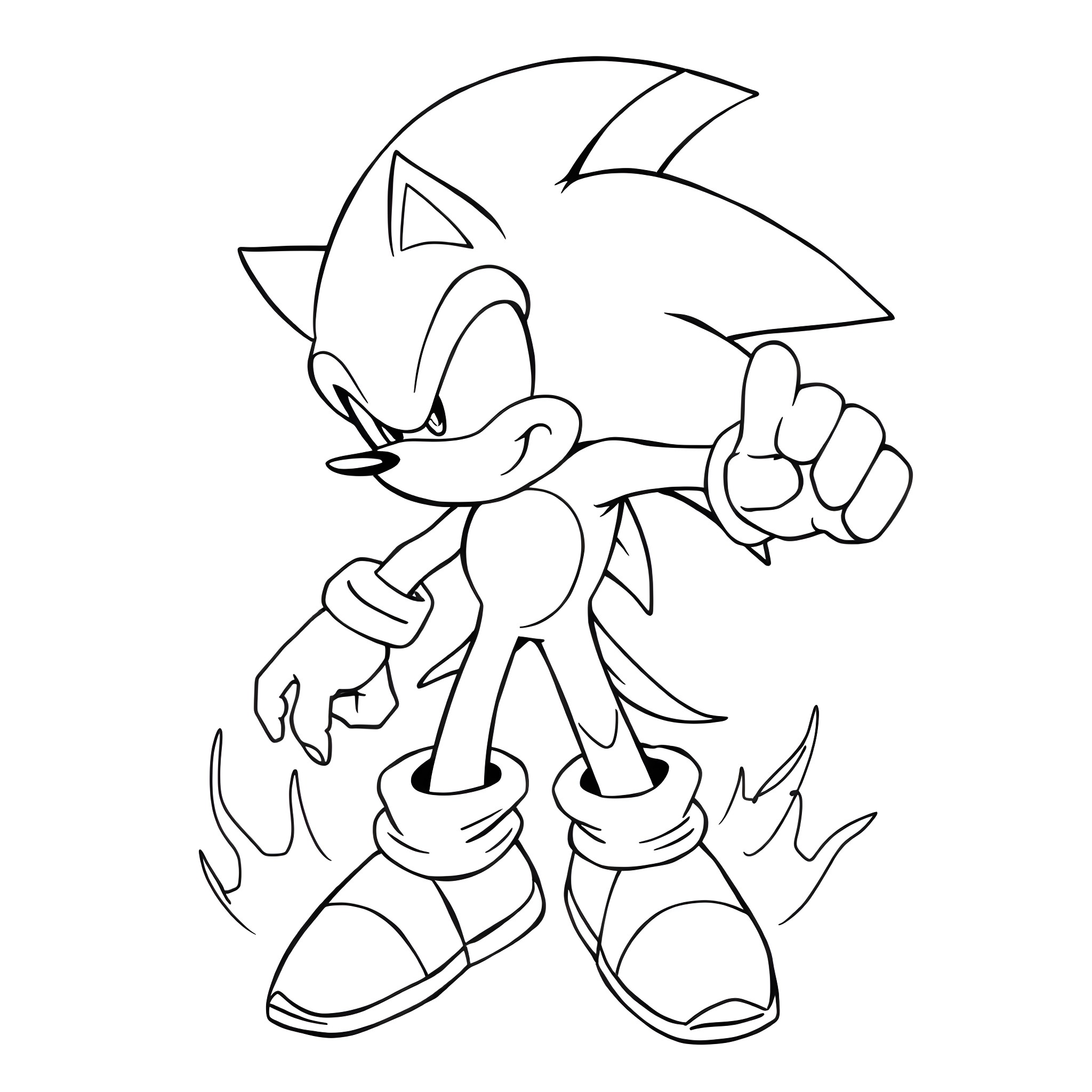 Sonic the Hedgehog running and posing Coloring Page (free black-and-white line drawing printable PDF for all, from beginners to advanced learners, including children, teens, adults, and seniors)