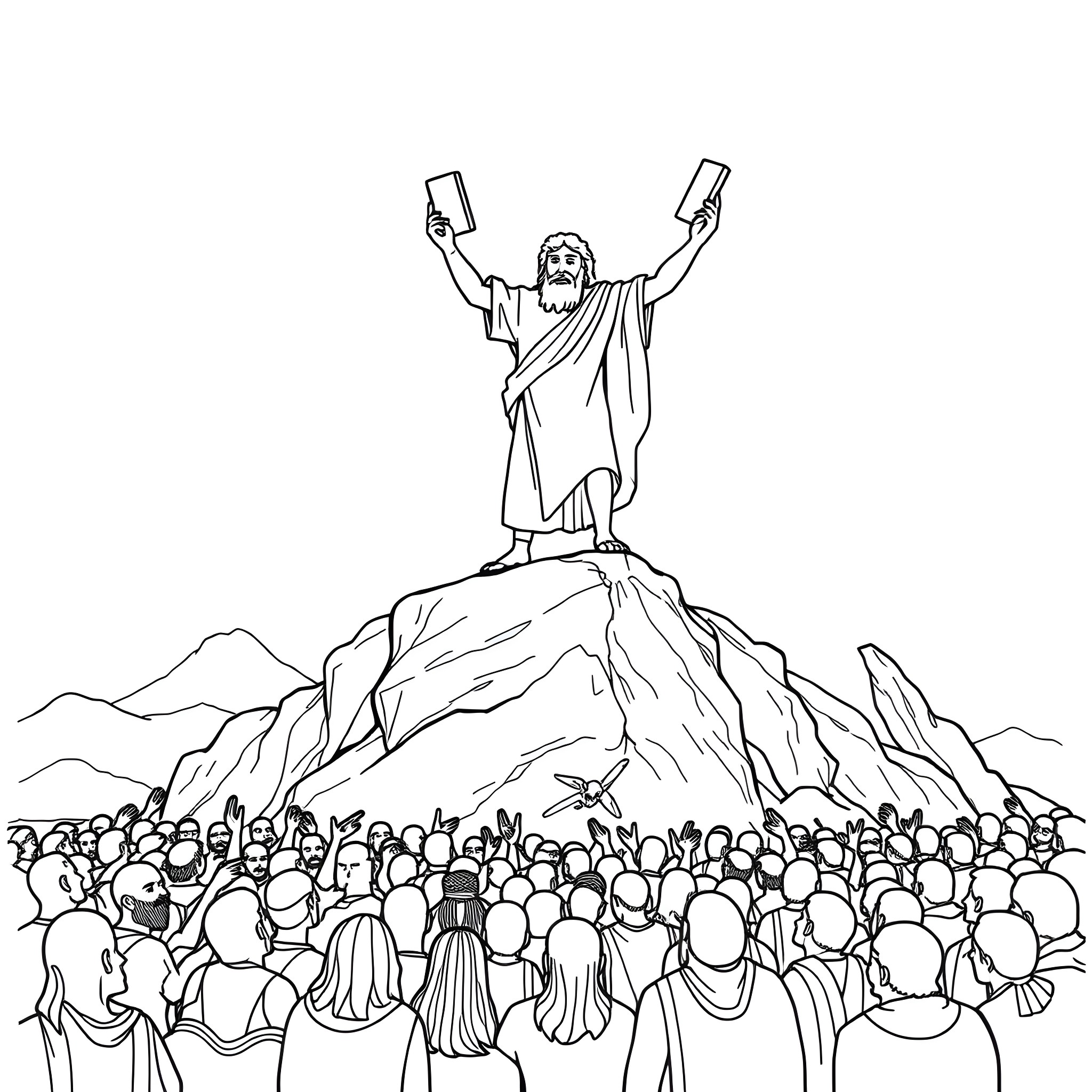 Moses Addressing the Gathered Crowd on the Mountain Coloring Page (free black-and-white line drawing printable PDF for all, from beginners to advanced learners, including children, teens, adults, and seniors)