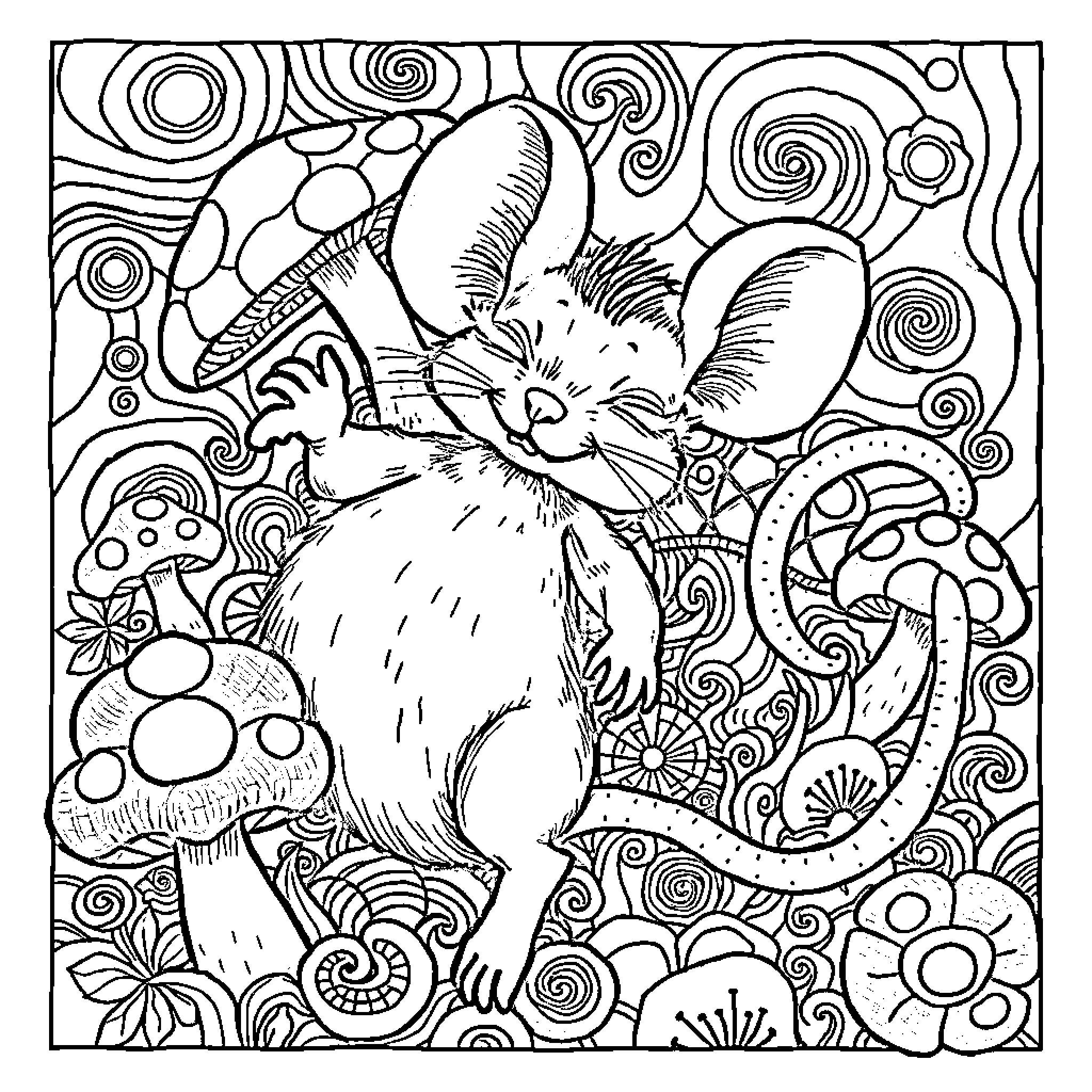 Mouse exploring whimsical, patterned environment Coloring Page (free black-and-white line drawing printable PDF for all, from beginners to advanced learners, including children, teens, adults, and seniors)