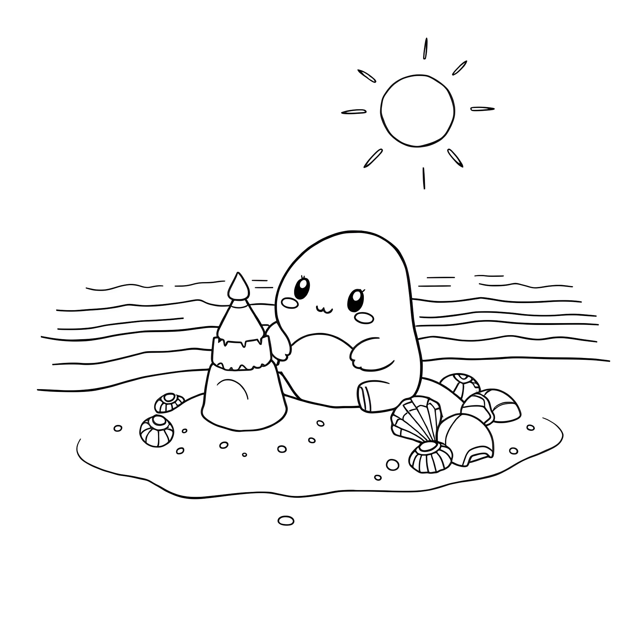 Squishmallow relaxing on the beach Coloring Page (free black-and-white line drawing printable PDF for all, from beginners to advanced learners, including children, teens, adults, and seniors)