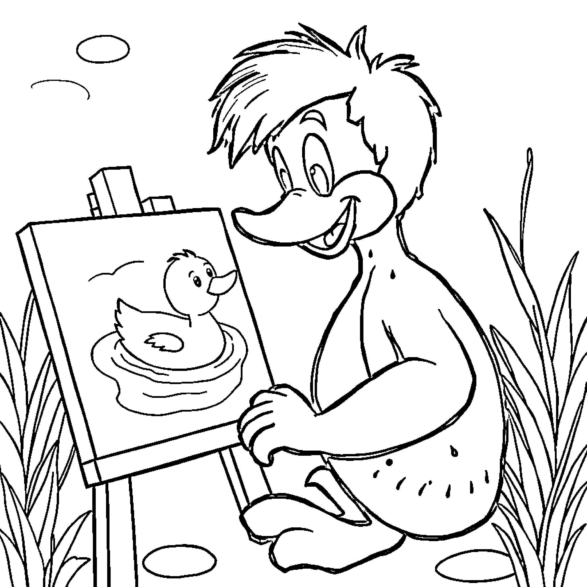 Duck painting on an easel in nature Coloring Page (free black-and-white line drawing printable PDF for all, from beginners to advanced learners, including children, teens, adults, and seniors)
