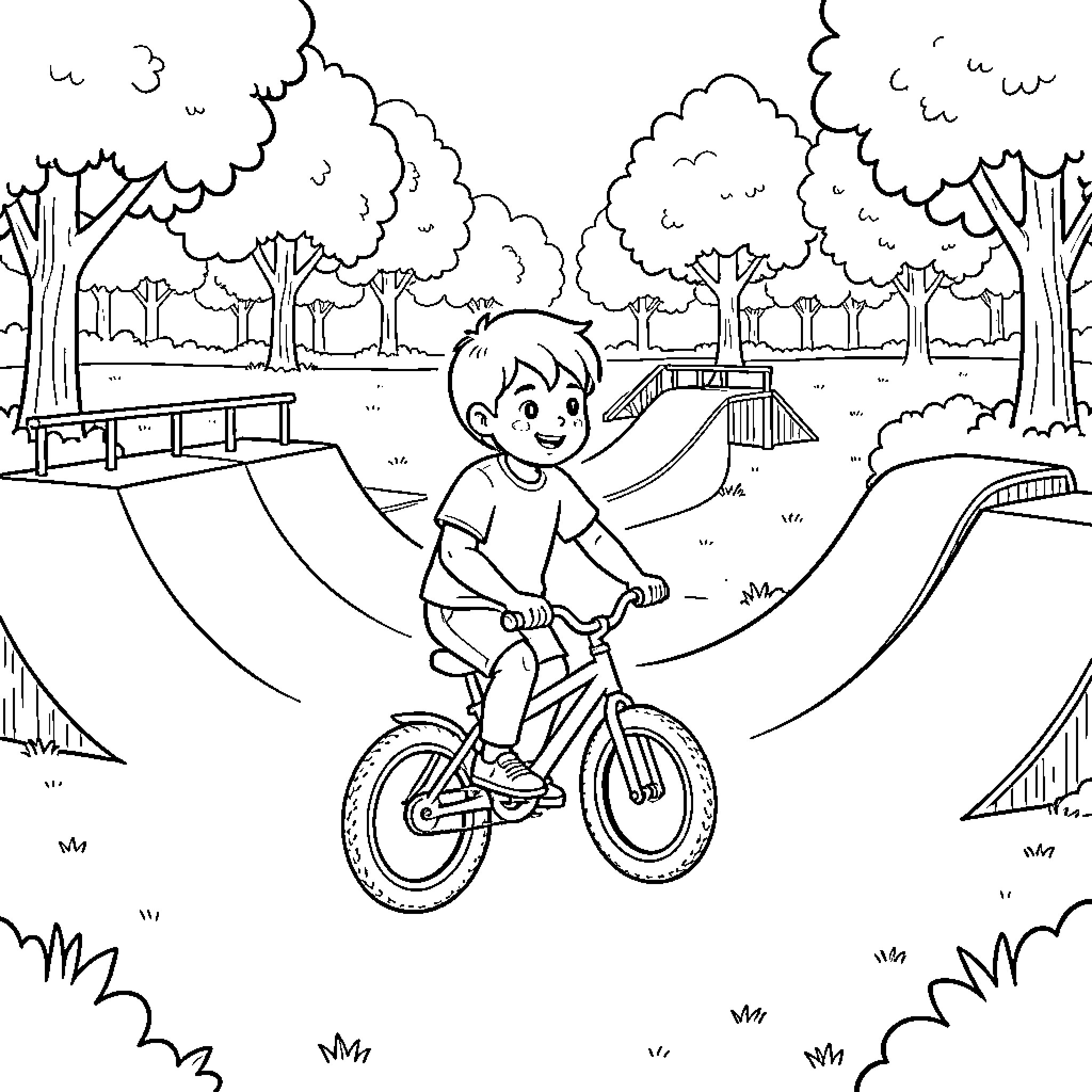 Niño riding bicycle in the park Coloring Page (free black-and-white line drawing printable PDF for all, from beginners to advanced learners, including children, teens, adults, and seniors)