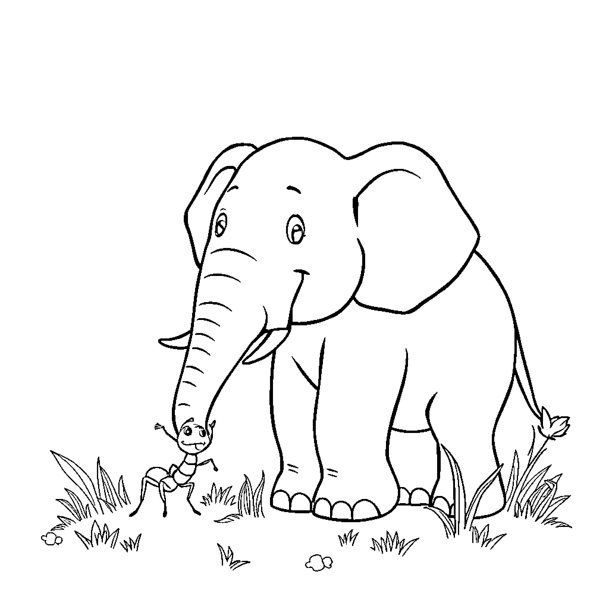 Ant and the Friendly Elephant Coloring Page (free black-and-white line drawing printable PDF for all, from beginners to advanced learners, including children, teens, adults, and seniors)
