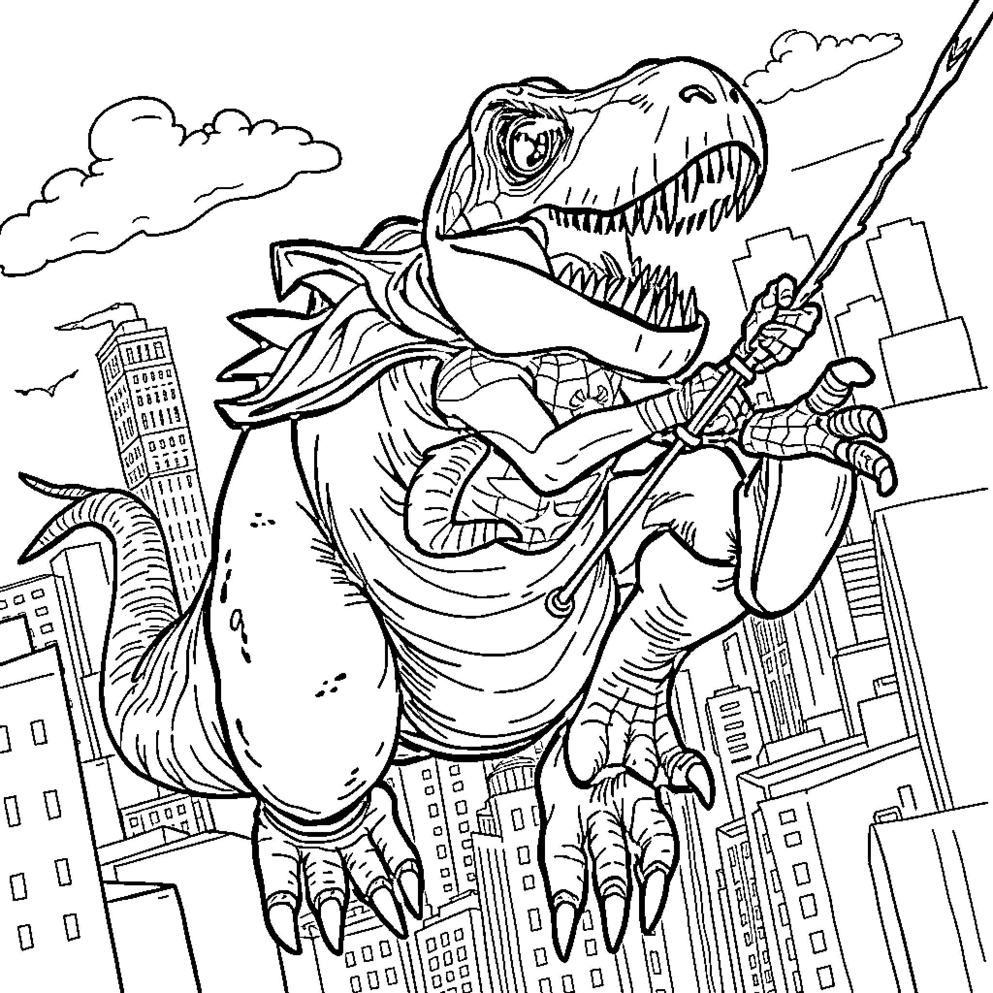 Spiderman battling a giant dinosaur in the city Coloring Page (free black-and-white line drawing printable PDF for all, from beginners to advanced learners, including children, teens, adults, and seniors)
