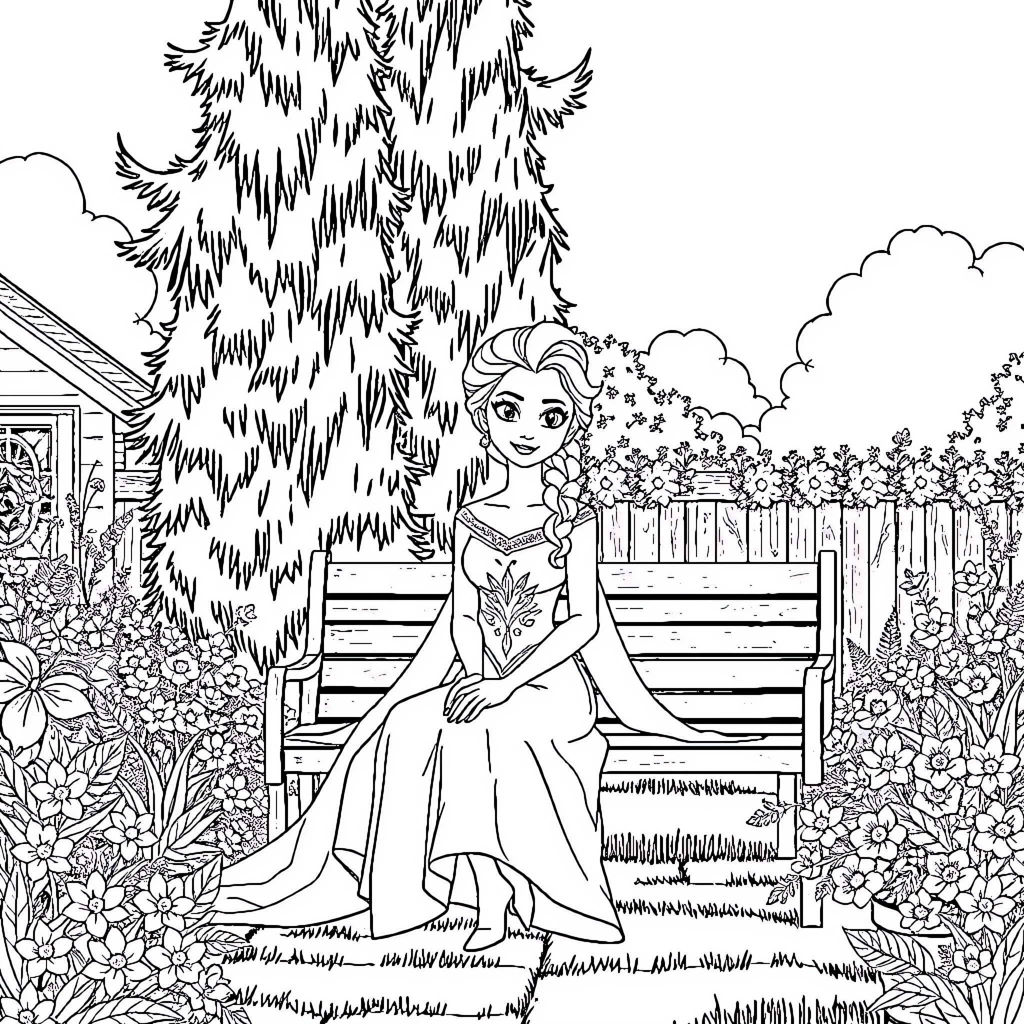 Princess Elsa enjoying the serene garden Coloring Page (free black-and-white line drawing printable PDF for all, from beginners to advanced learners, including children, teens, adults, and seniors)