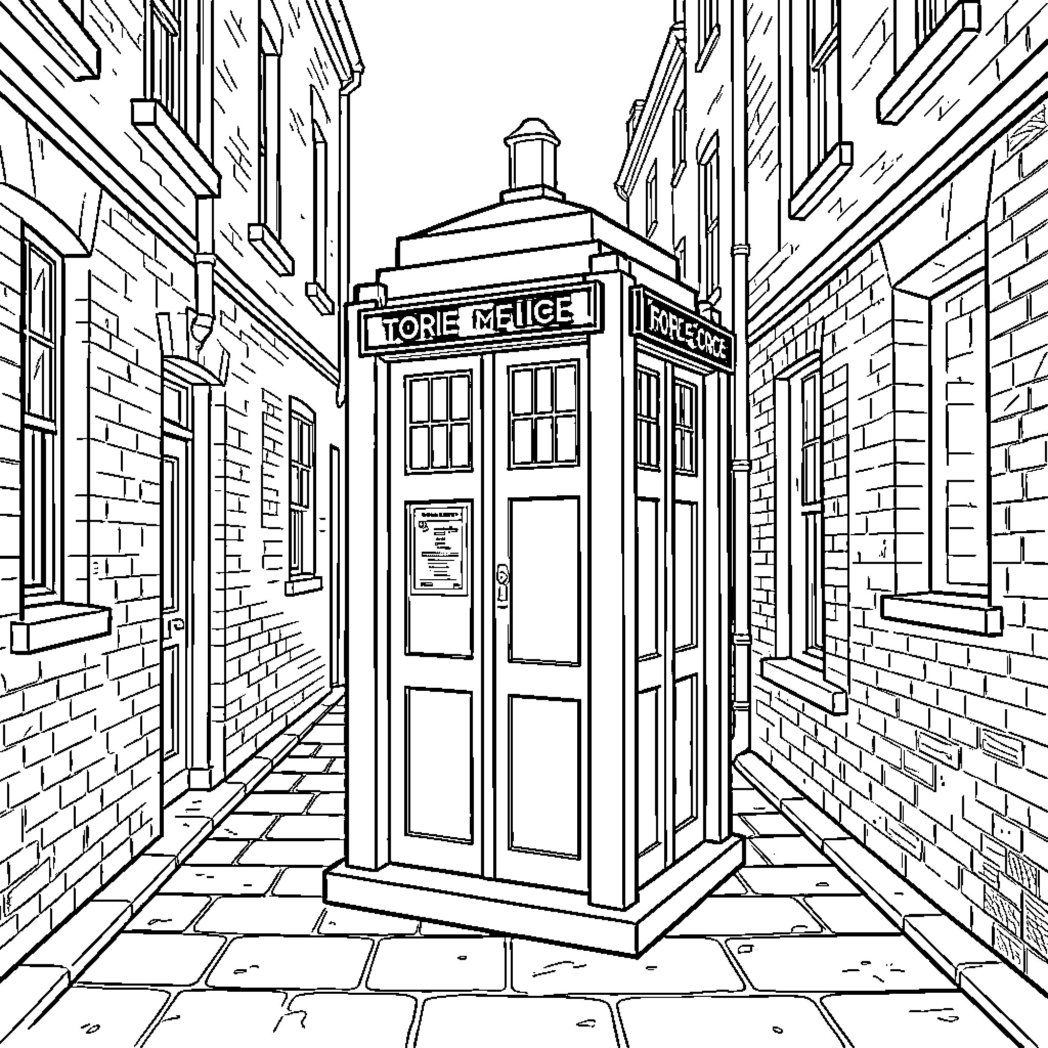 TARDIS in a Narrow Alleyway Coloring Page (free black-and-white line drawing printable PDF for all, from beginners to advanced learners, including children, teens, adults, and seniors)