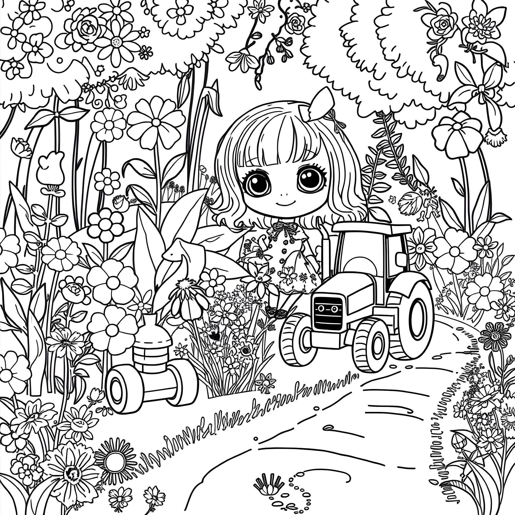 Doll playing happily in a floral garden Coloring Page (free black-and-white line drawing printable PDF for all, from beginners to advanced learners, including children, teens, adults, and seniors)