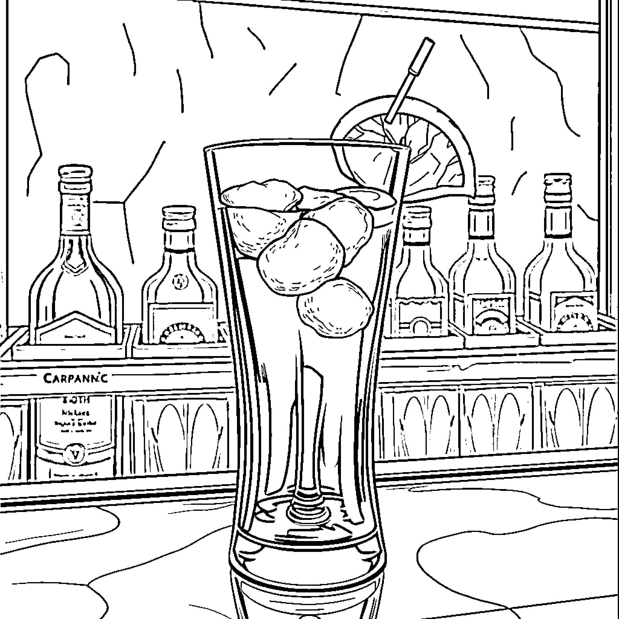 Vaso with Refreshing Cocktail at the Bar Coloring Page (free black-and-white line drawing printable PDF for all, from beginners to advanced learners, including children, teens, adults, and seniors)