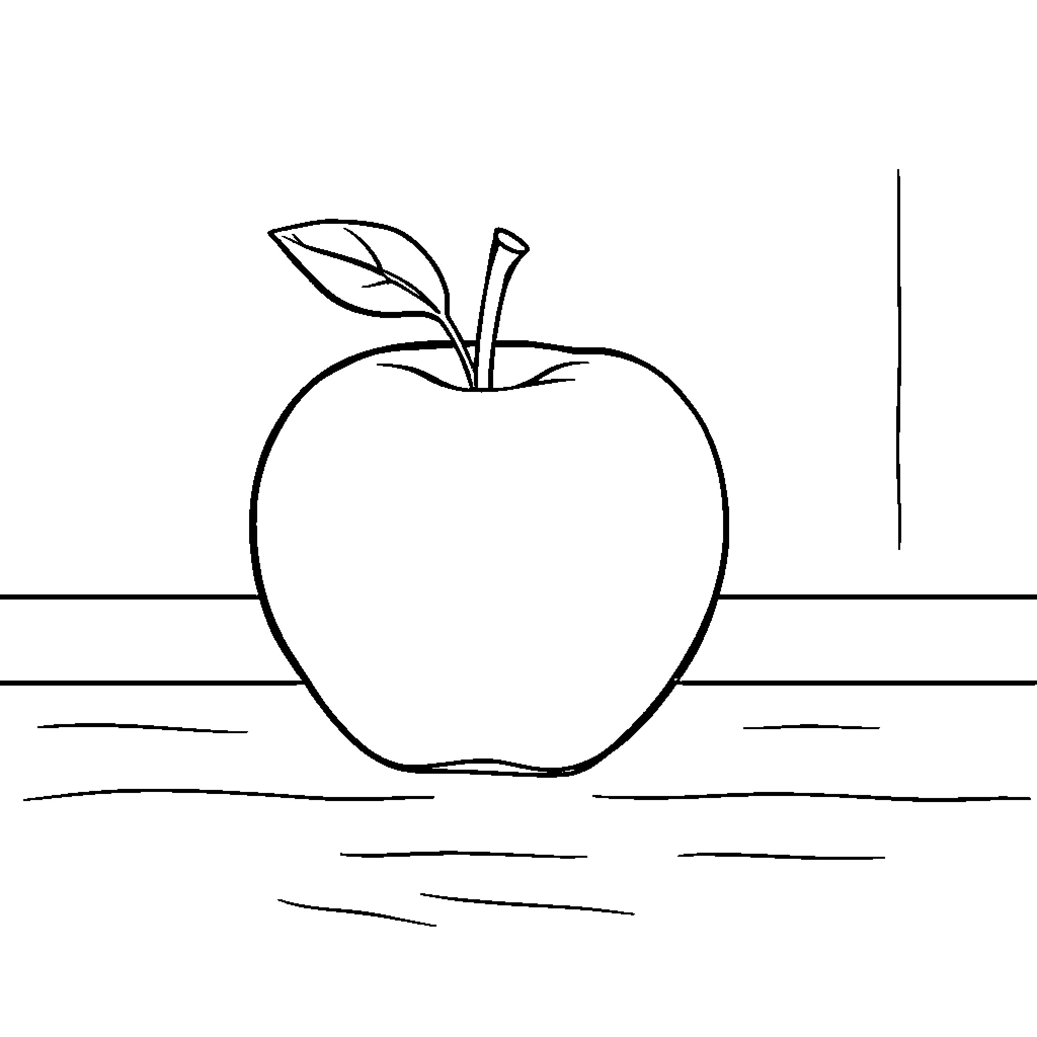Apple on a table Coloring Page (free black-and-white line drawing printable PDF for all, from beginners to advanced learners, including children, teens, adults, and seniors)