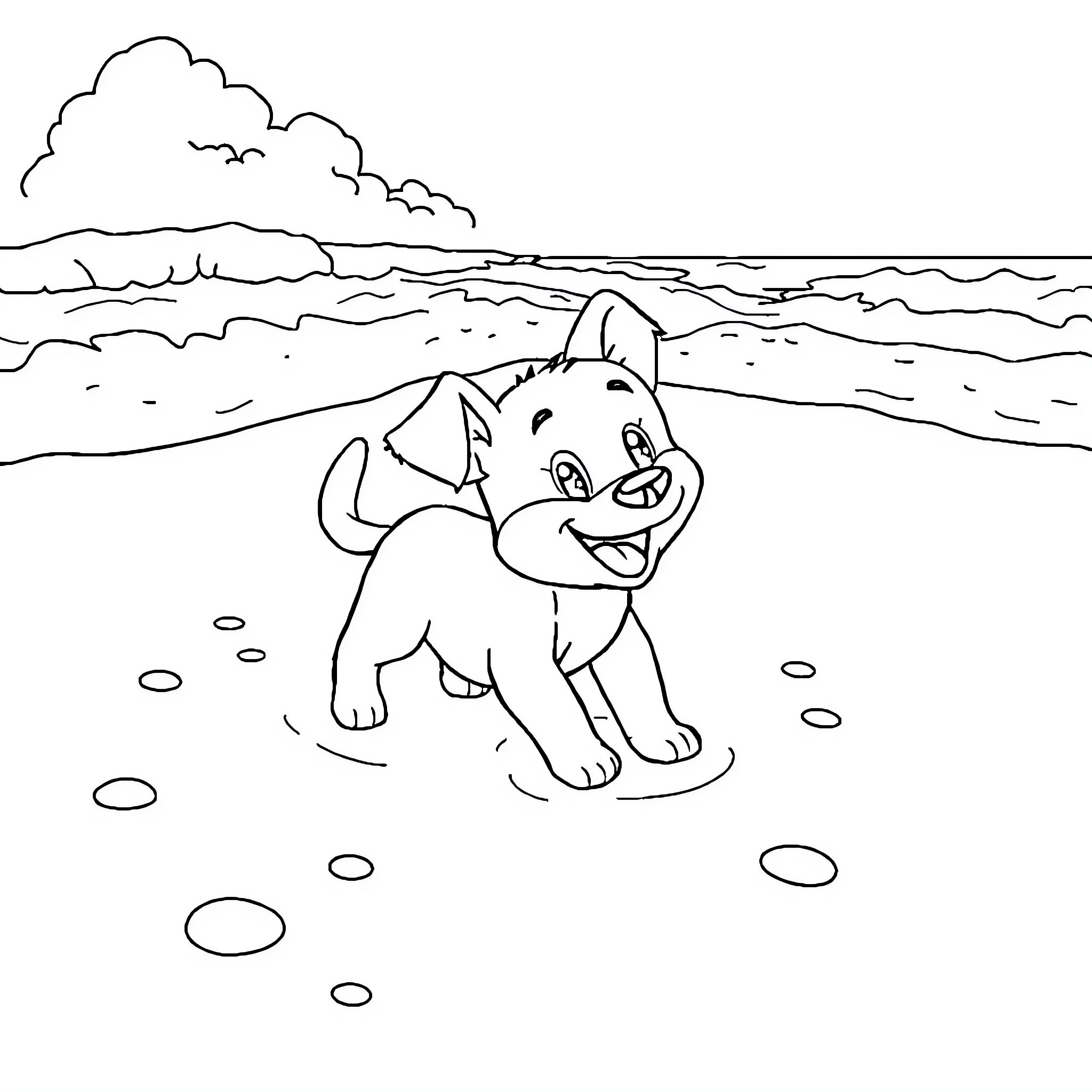 Bluey playing happily on the beach Coloring Page (free black-and-white line drawing printable PDF for all, from beginners to advanced learners, including children, teens, adults, and seniors)