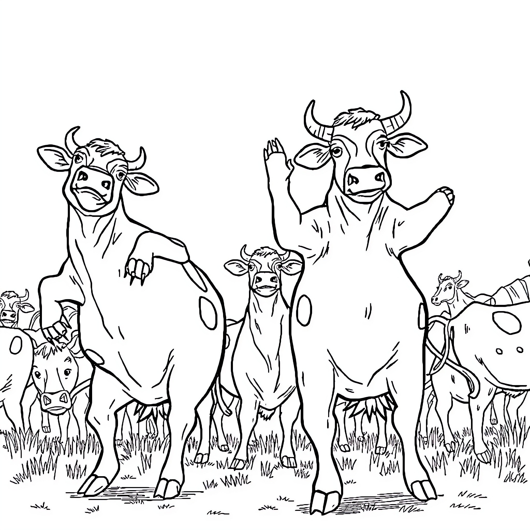 Cow herd waving cheerfully in the field Coloring Page (free black-and-white line drawing printable PDF for all, from beginners to advanced learners, including children, teens, adults, and seniors)