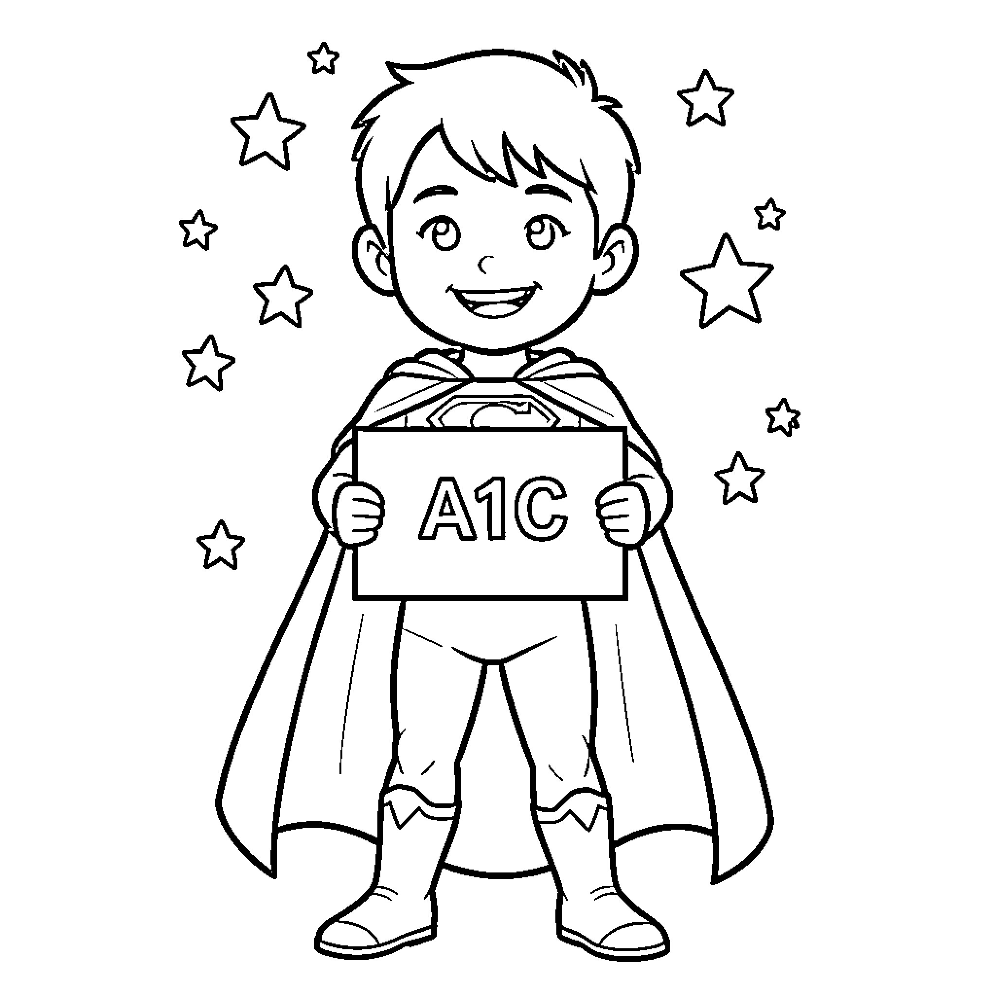 Superhero boy smiling while holding a sign Coloring Page (free black-and-white line drawing printable PDF for all, from beginners to advanced learners, including children, teens, adults, and seniors)