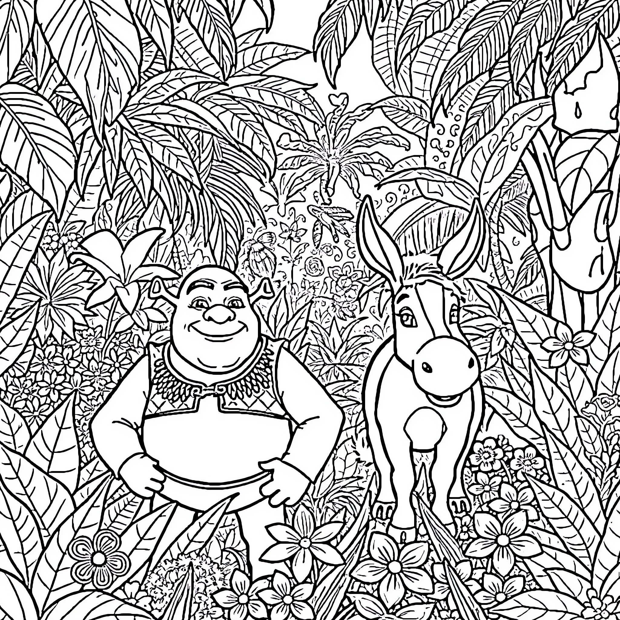 Shrek and Donkey exploring the lush jungle Coloring Page (free black-and-white line drawing printable PDF for all, from beginners to advanced learners, including children, teens, adults, and seniors)