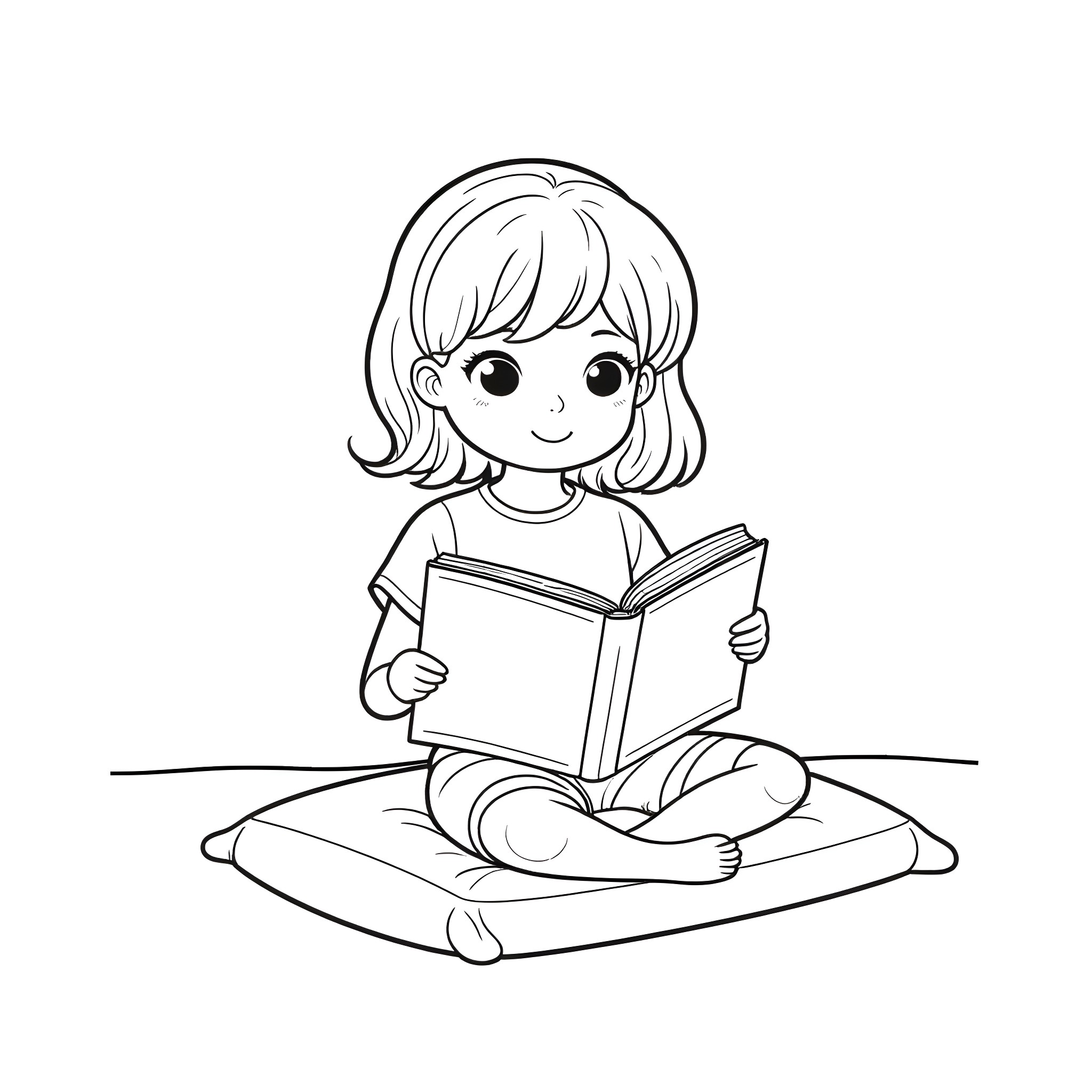 Girl reading a book on the floor Coloring Page (free black-and-white line drawing printable PDF for all, from beginners to advanced learners, including children, teens, adults, and seniors)