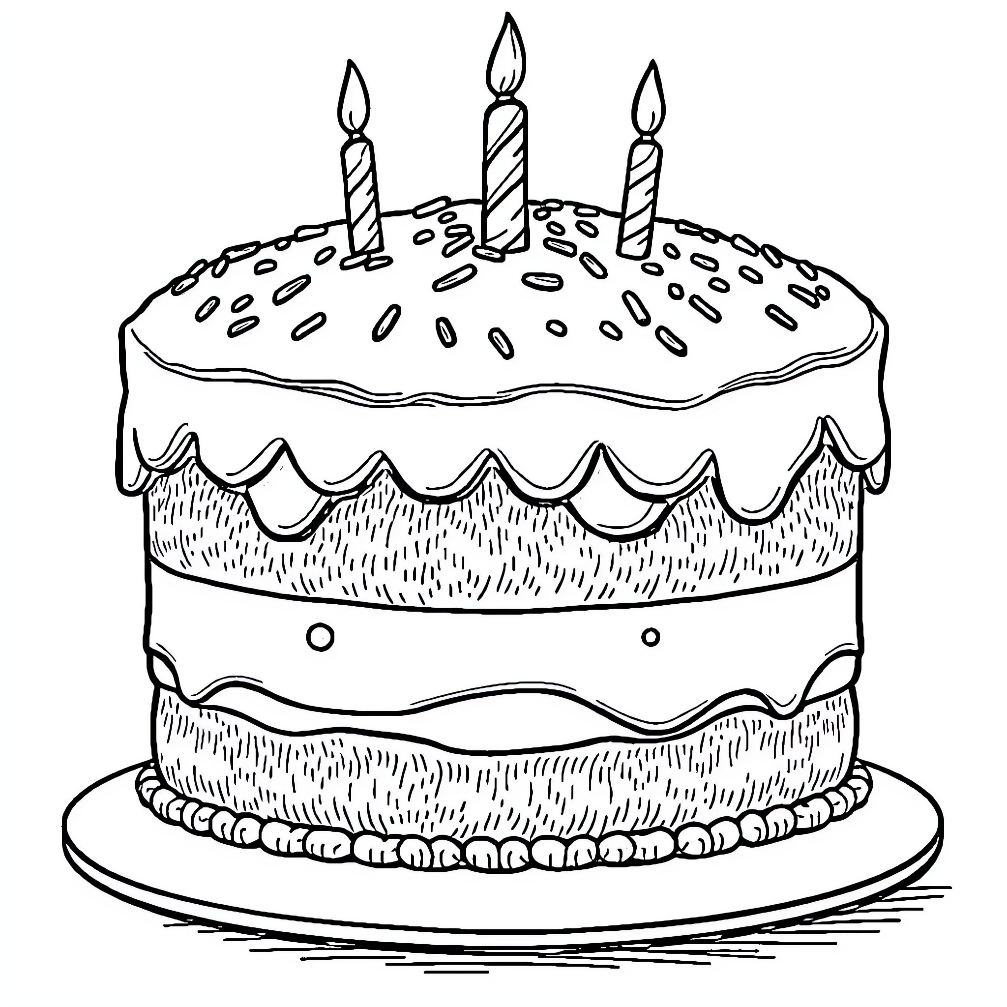 Birthday Cake with Lit Candles Coloring Page (free black-and-white line drawing printable PDF for all, from beginners to advanced learners, including children, teens, adults, and seniors)