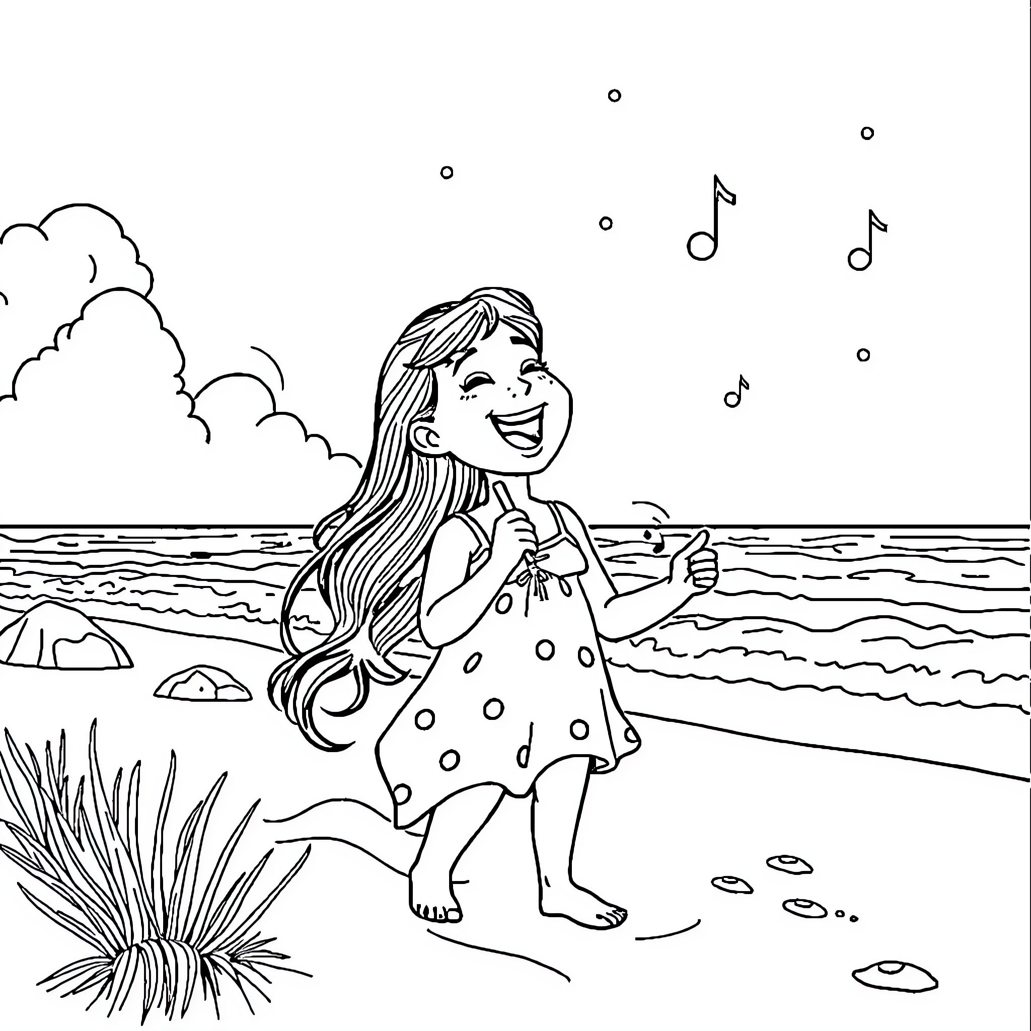 July joyfully dancing by the sea Coloring Page (free black-and-white line drawing printable PDF for all, from beginners to advanced learners, including children, teens, adults, and seniors)