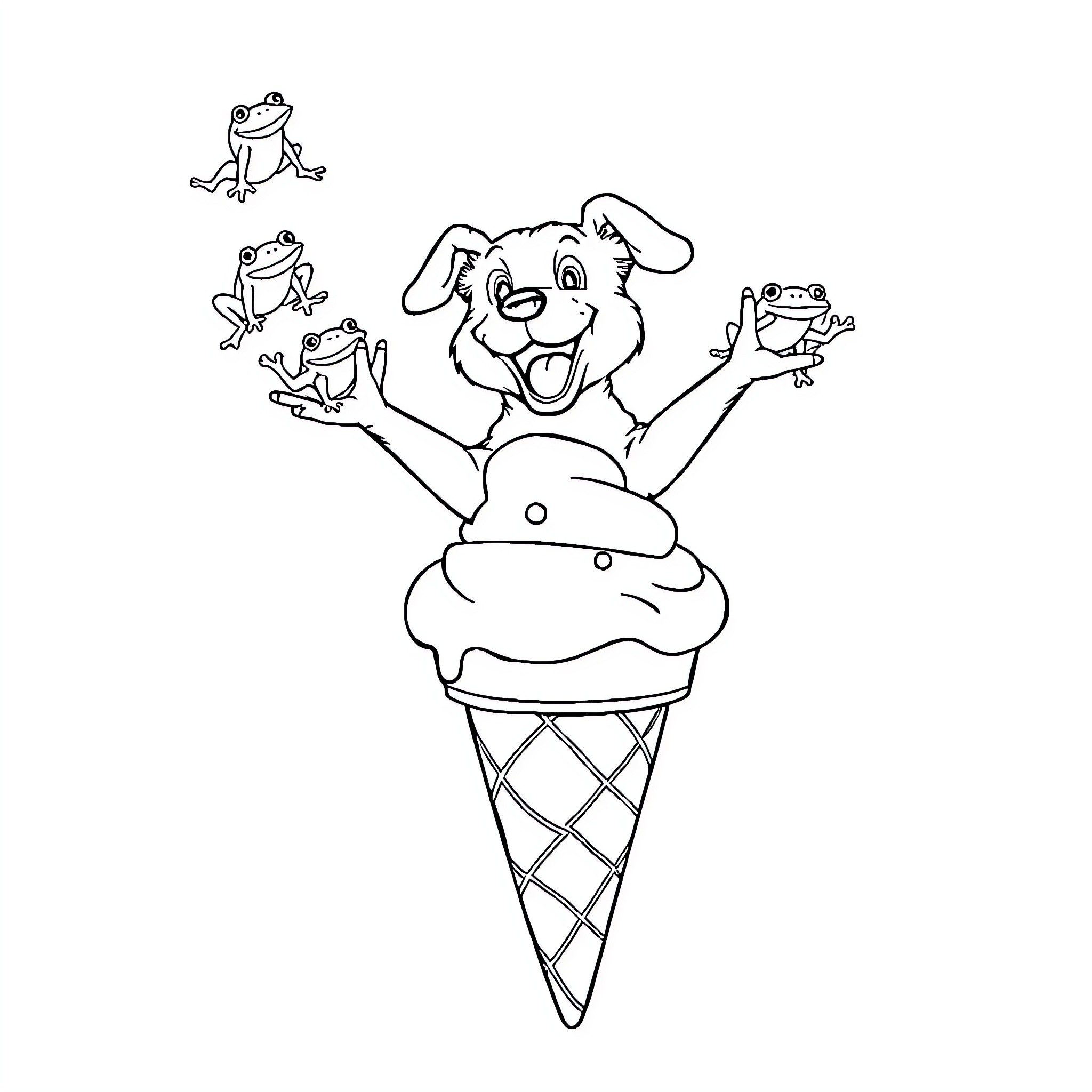 Dog enjoying ice cream with playful frogs Coloring Page (free black-and-white line drawing printable PDF for all, from beginners to advanced learners, including children, teens, adults, and seniors)