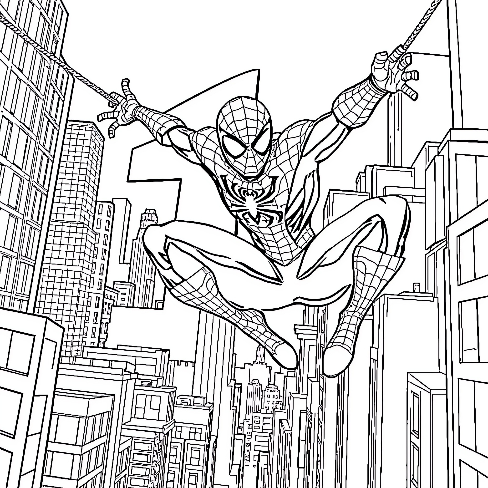 Spiderman swinging through the city skyline Coloring Page (free black-and-white line drawing printable PDF for all, from beginners to advanced learners, including children, teens, adults, and seniors)