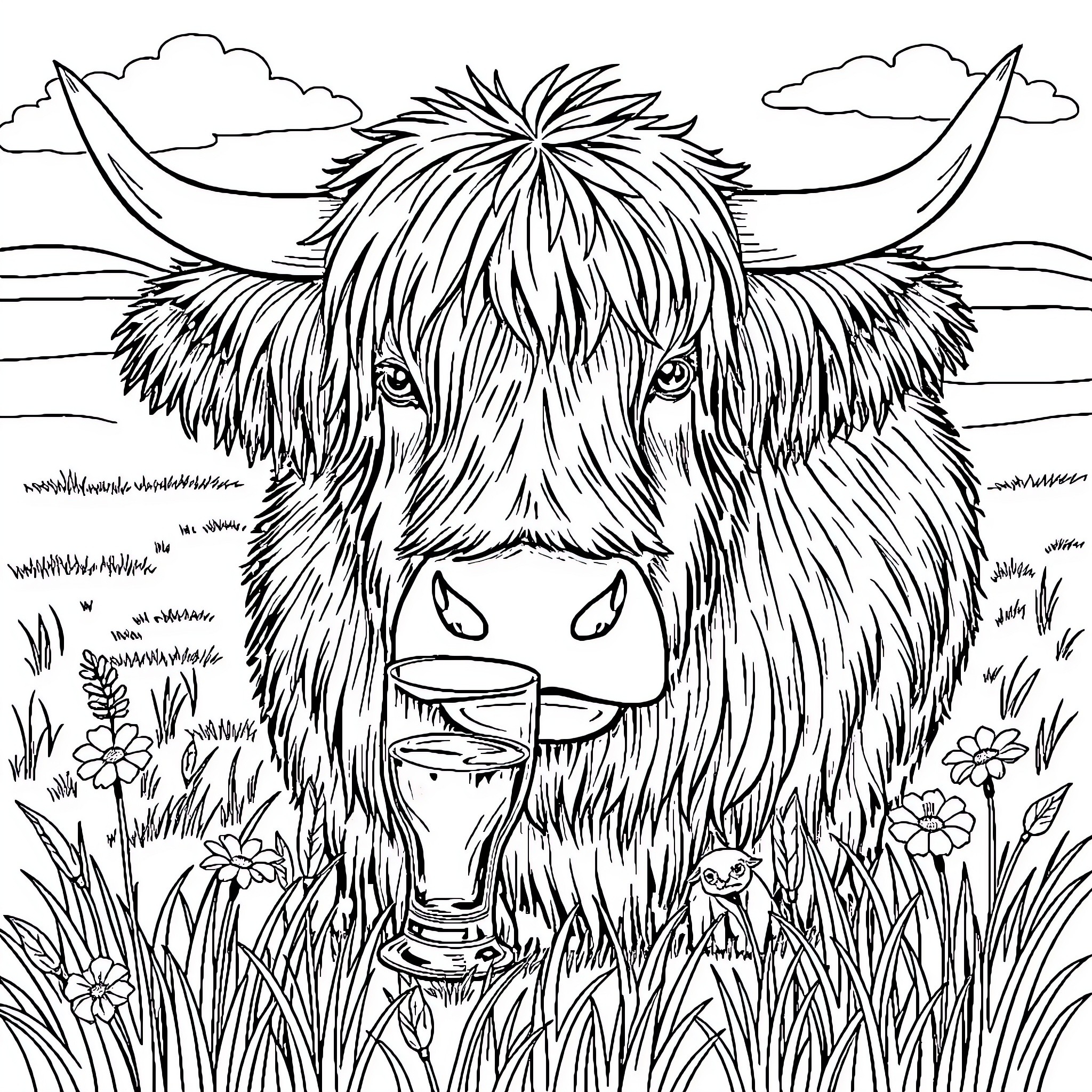 Highland Cow enjoying a refreshing drink in a meadow Coloring Page (free black-and-white line drawing printable PDF for all, from beginners to advanced learners, including children, teens, adults, and seniors)