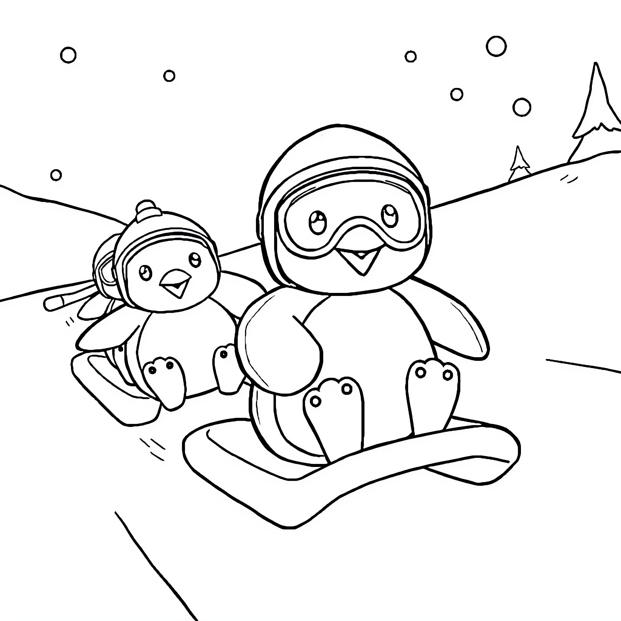 Pororo and friends enjoying winter activities Coloring Page (free black-and-white line drawing printable PDF for all, from beginners to advanced learners, including children, teens, adults, and seniors)