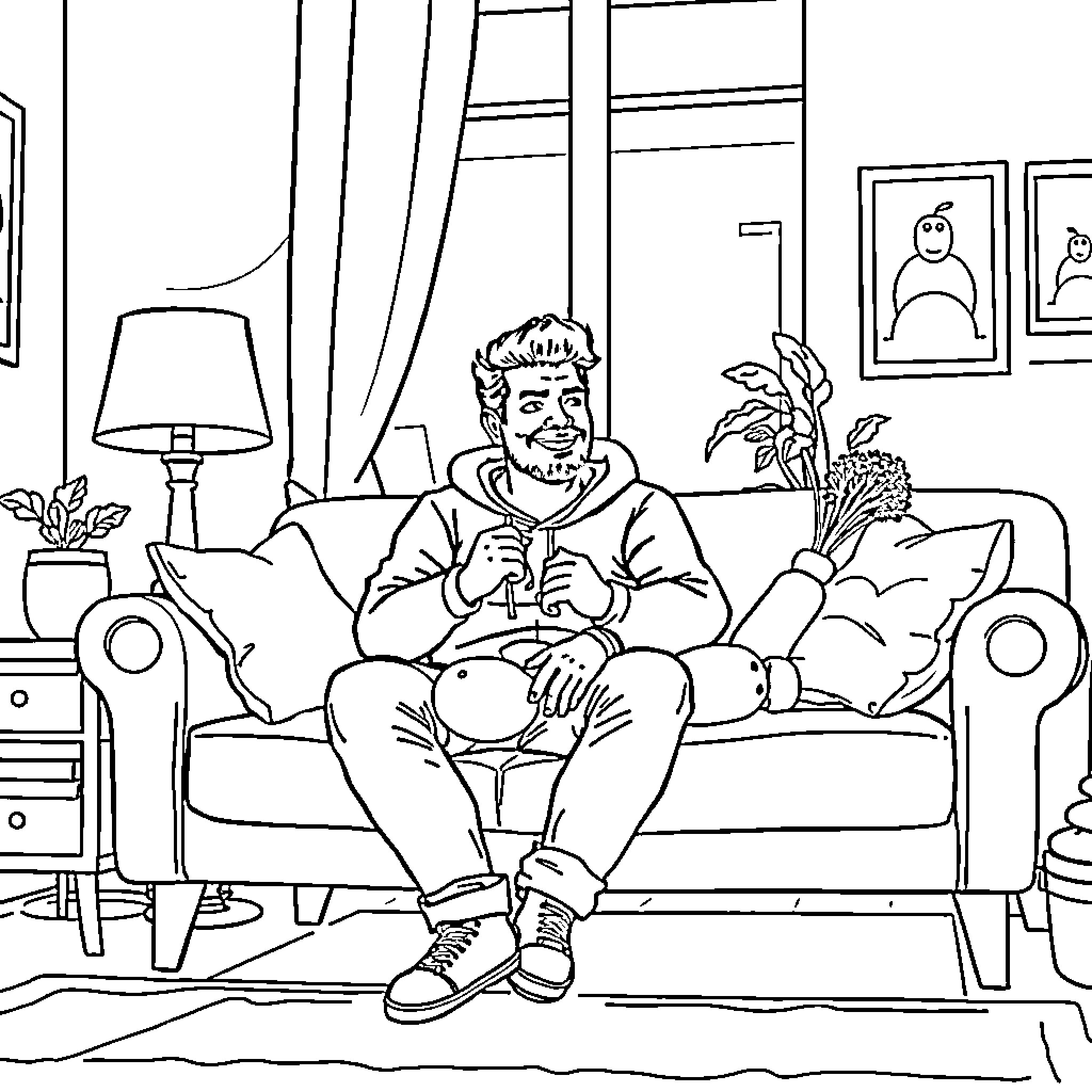 Sergio relaxing on the couch with a book Coloring Page (free black-and-white line drawing printable PDF for all, from beginners to advanced learners, including children, teens, adults, and seniors)