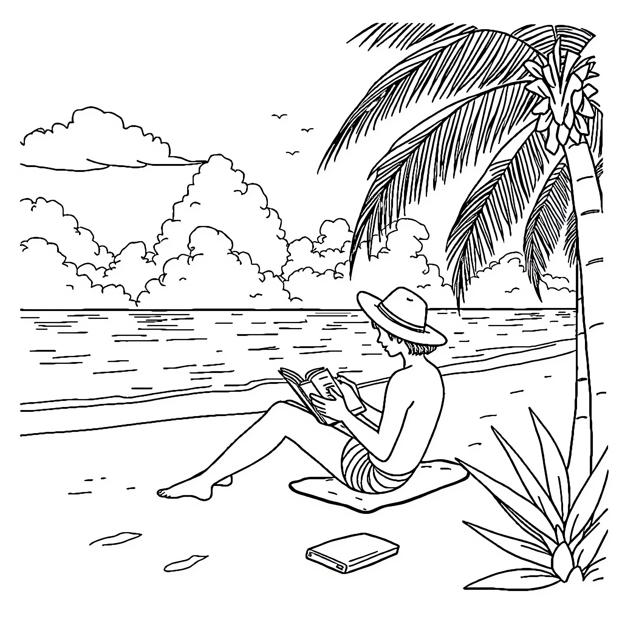 Book about relaxing on a tropical beach Coloring Page (free black-and-white line drawing printable PDF for all, from beginners to advanced learners, including children, teens, adults, and seniors)