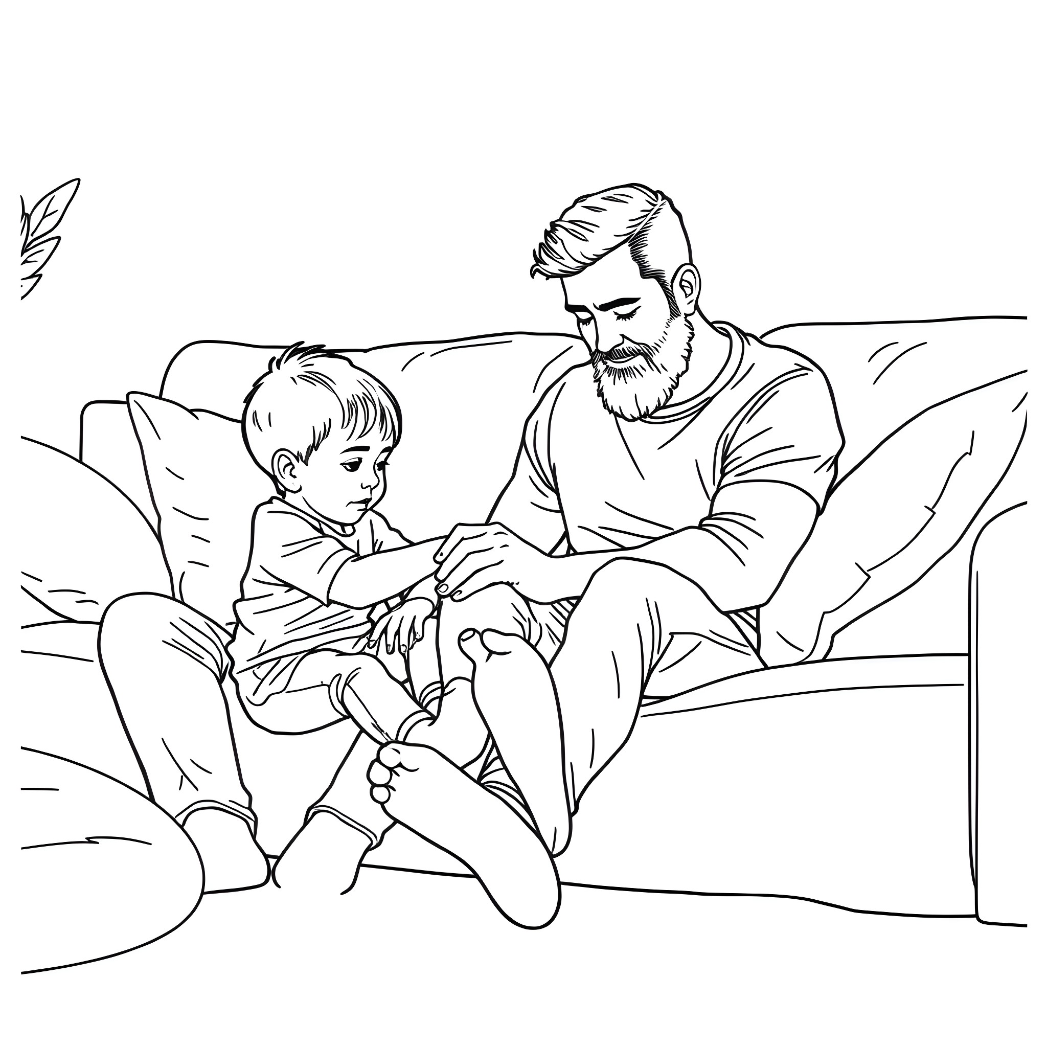 Dad comforting his son on the sofa Coloring Page (free black-and-white line drawing printable PDF for all, from beginners to advanced learners, including children, teens, adults, and seniors)