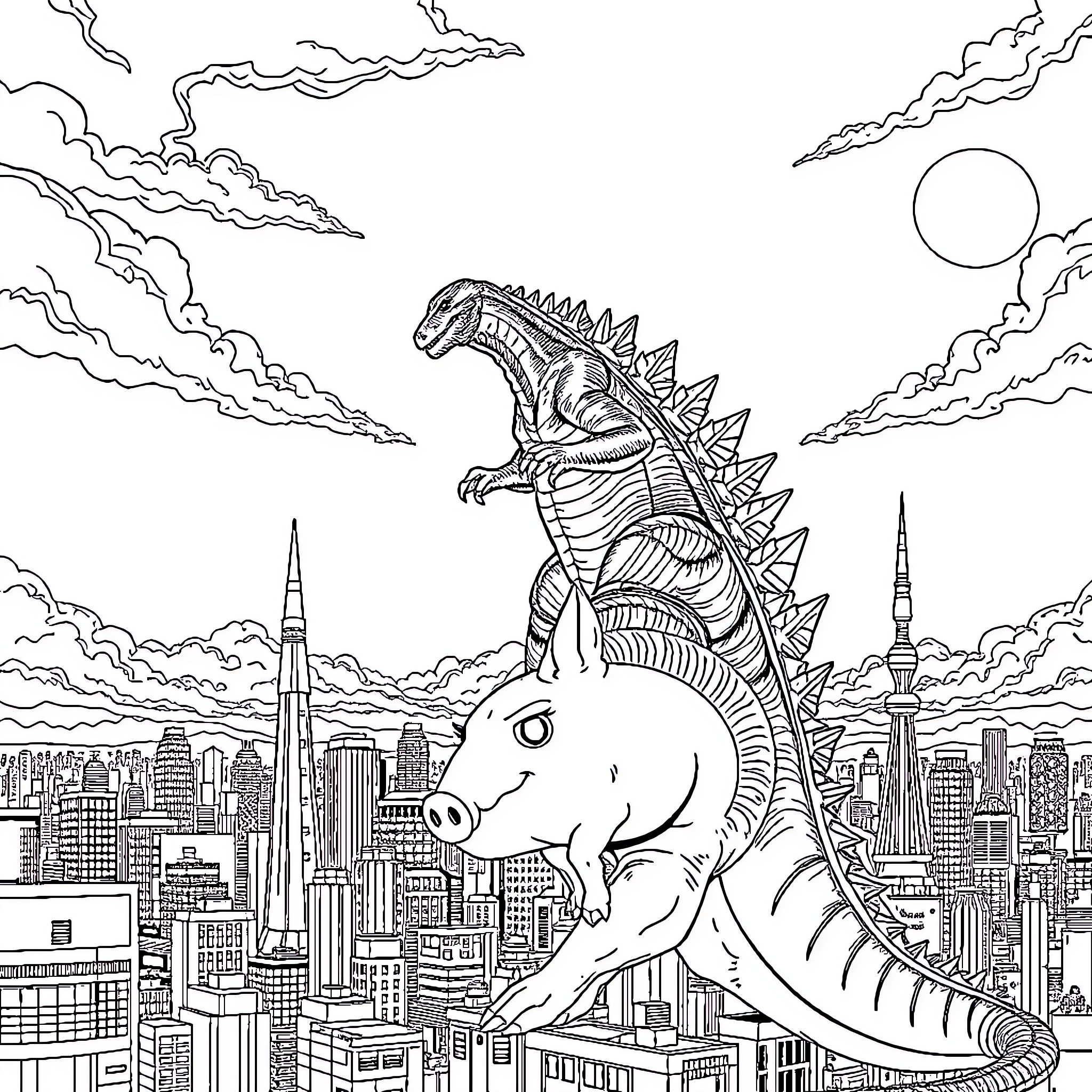 Godzilla Rampages Through Towering Cityscape Coloring Page (free black-and-white line drawing printable PDF for all, from beginners to advanced learners, including children, teens, adults, and seniors)
