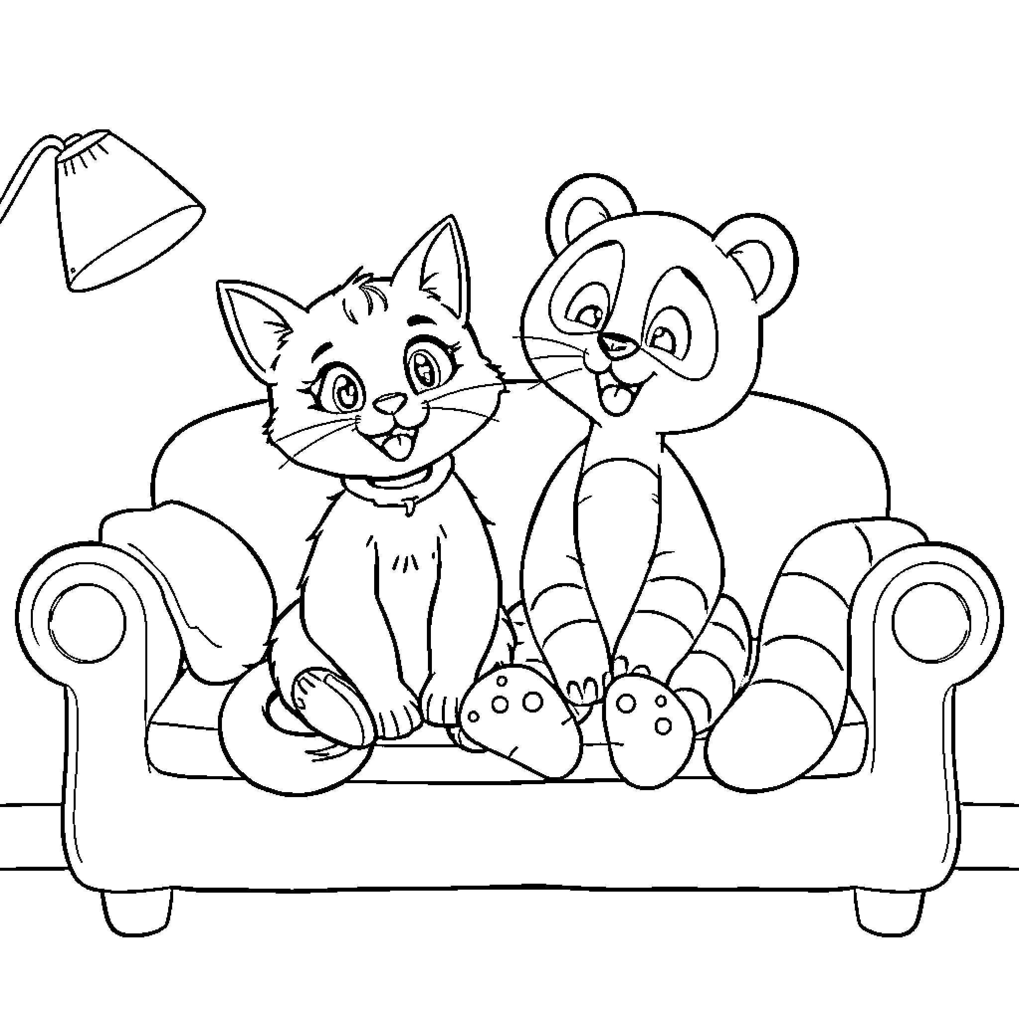 Gabby Cat and Panda Cub Relax on Sofa Coloring Page (free black-and-white line drawing printable PDF for all, from beginners to advanced learners, including children, teens, adults, and seniors)
