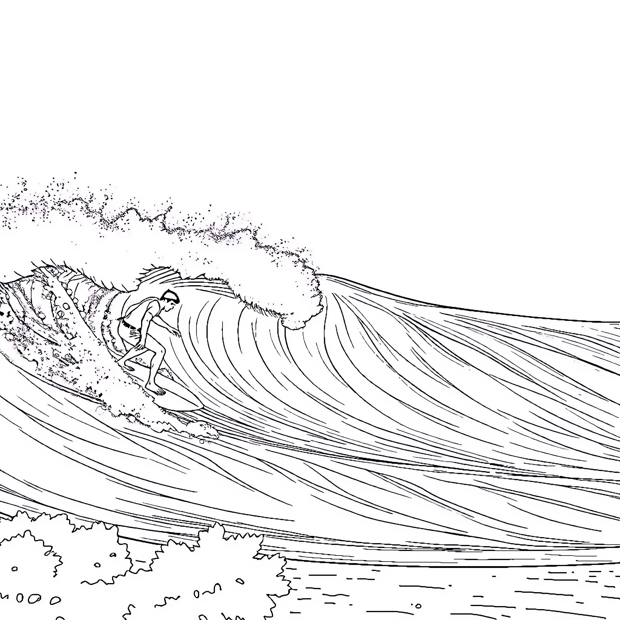 Surfer riding a powerful ocean wave Coloring Page (free black-and-white line drawing printable PDF for all, from beginners to advanced learners, including children, teens, adults, and seniors)