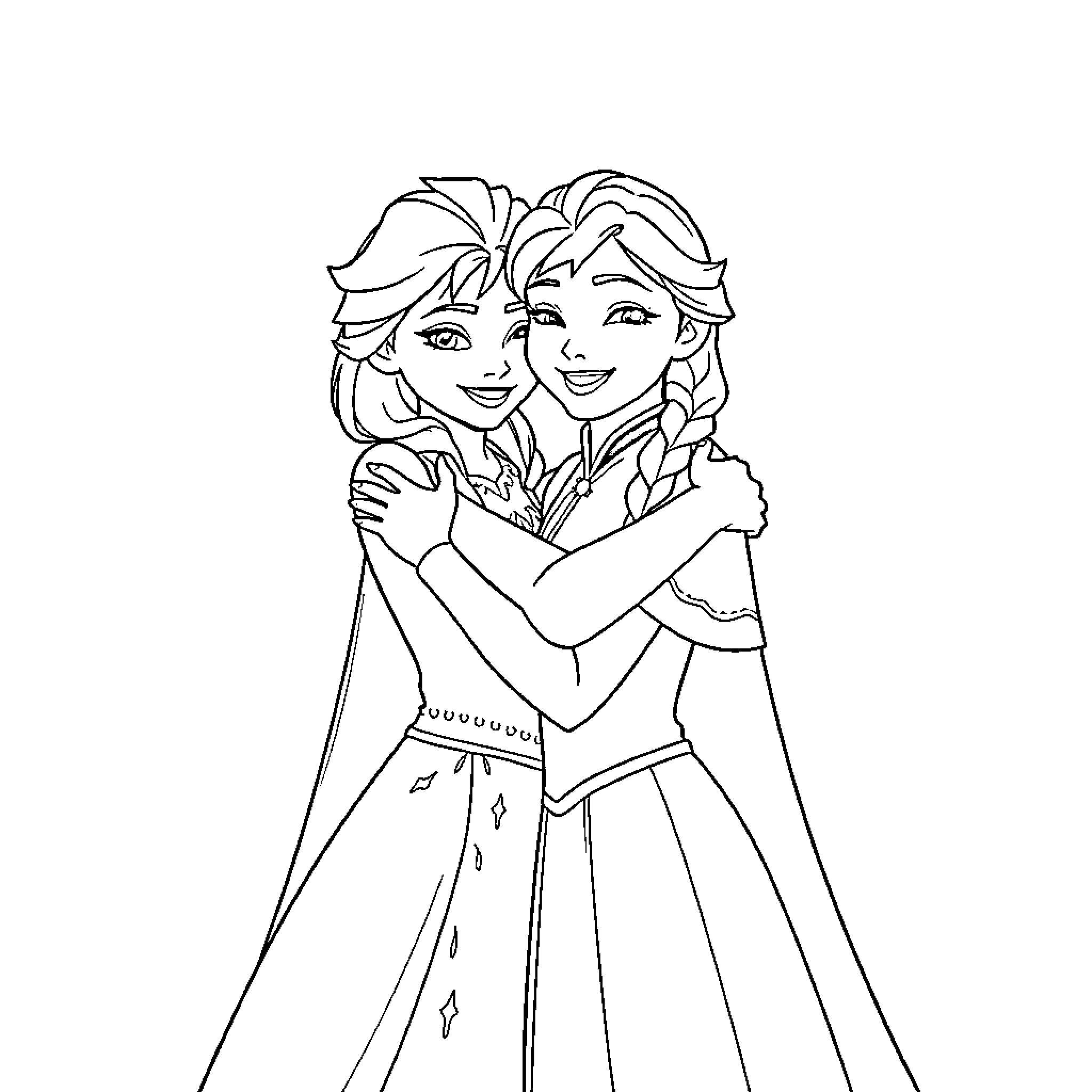 Elsa and Anna embracing joyfully Coloring Page (free black-and-white line drawing printable PDF for all, from beginners to advanced learners, including children, teens, adults, and seniors)