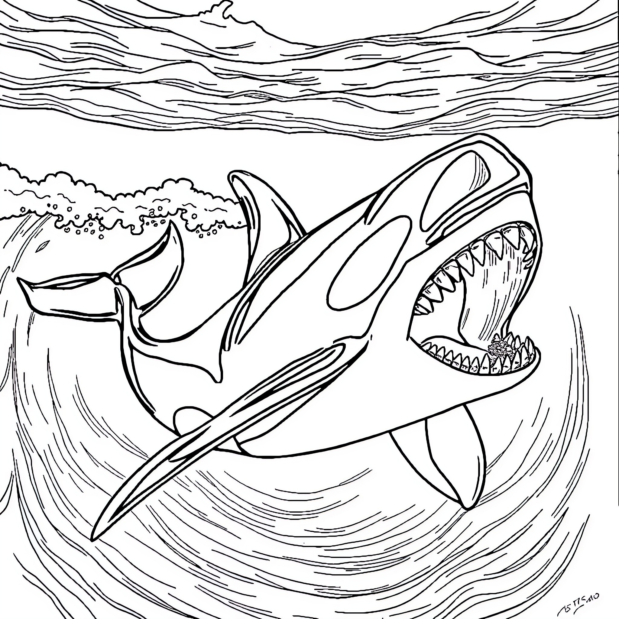Orca Hunting Prey in the Turbulent Waves Coloring Page (free black-and-white line drawing printable PDF for all, from beginners to advanced learners, including children, teens, adults, and seniors)