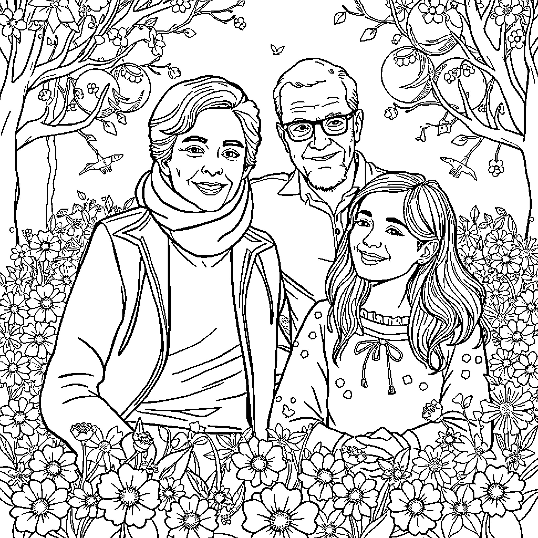 Vader's Family Surrounded by Nature's Beauty Coloring Page (free black-and-white line drawing printable PDF for all, from beginners to advanced learners, including children, teens, adults, and seniors)