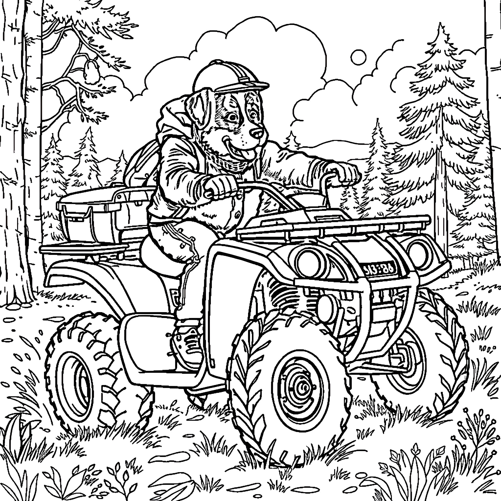 Bernerdoodle riding an off-road vehicle in the forest Coloring Page (free black-and-white line drawing printable PDF for all, from beginners to advanced learners, including children, teens, adults, and seniors)