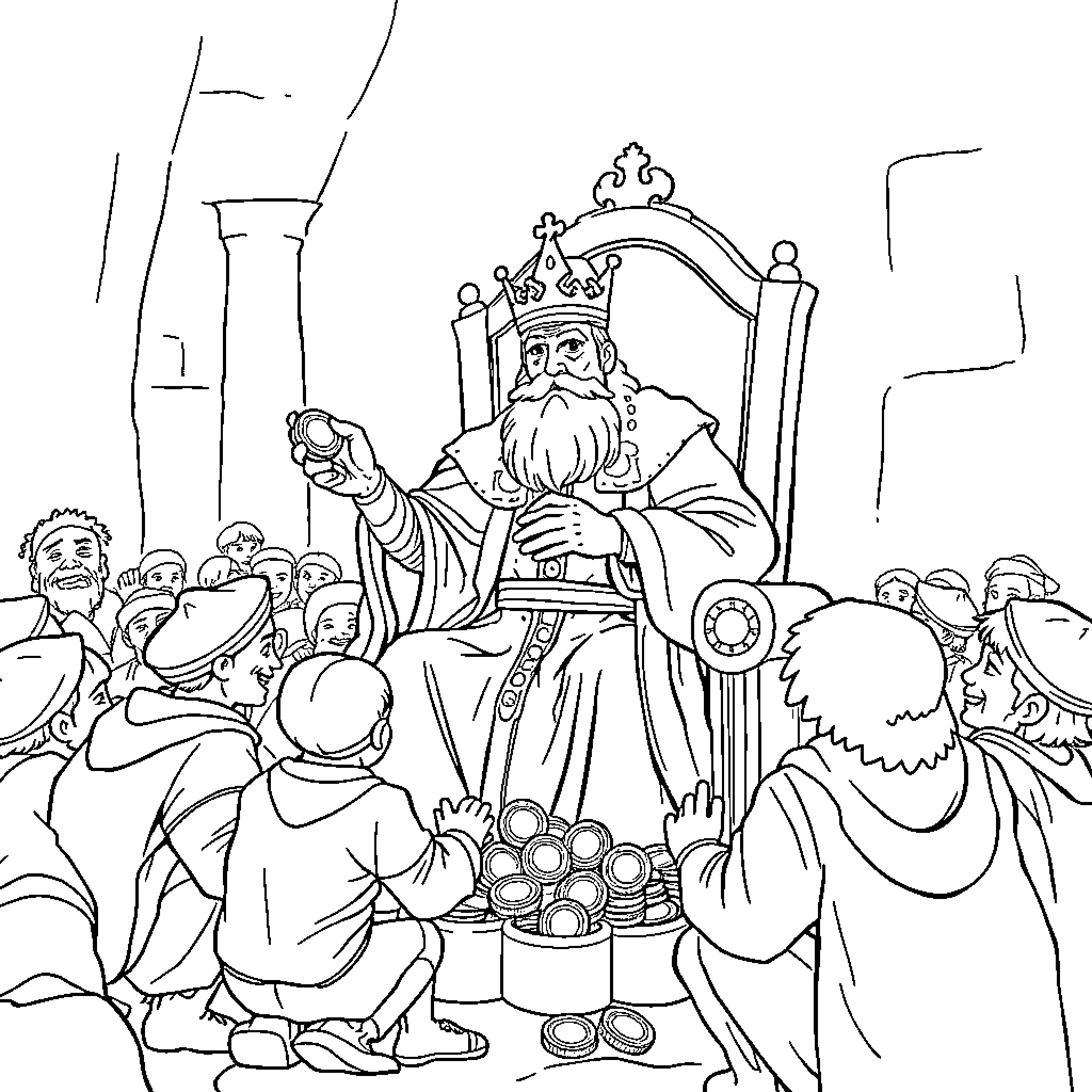 King Addressing a Crowd from His Throne Coloring Page (free black-and-white line drawing printable PDF for all, from beginners to advanced learners, including children, teens, adults, and seniors)