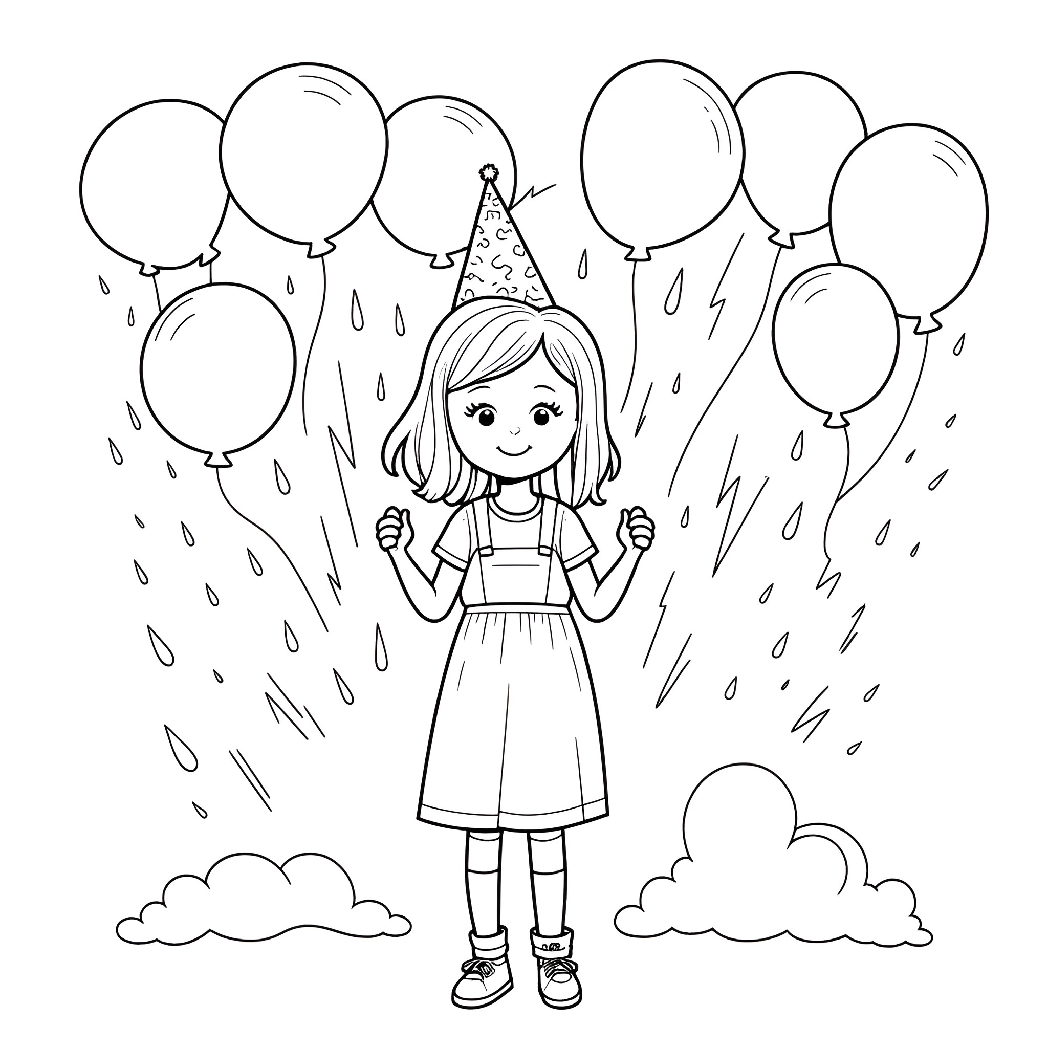 Girl Celebrating with Balloons in the Rain Coloring Page (free black-and-white line drawing printable PDF for all, from beginners to advanced learners, including children, teens, adults, and seniors)