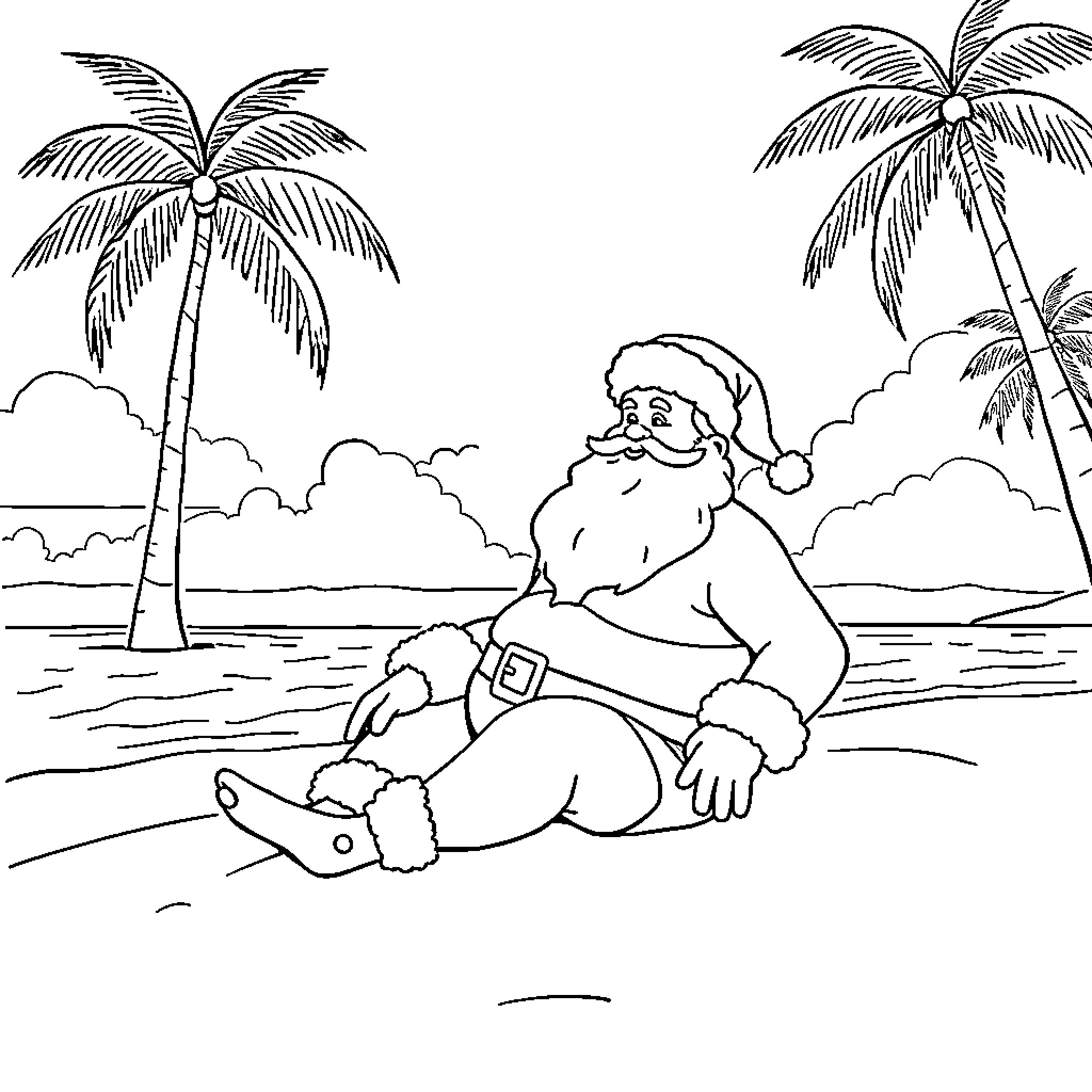 Santa relaxing on the beach with palm trees Coloring Page (free black-and-white line drawing printable PDF for all, from beginners to advanced learners, including children, teens, adults, and seniors)