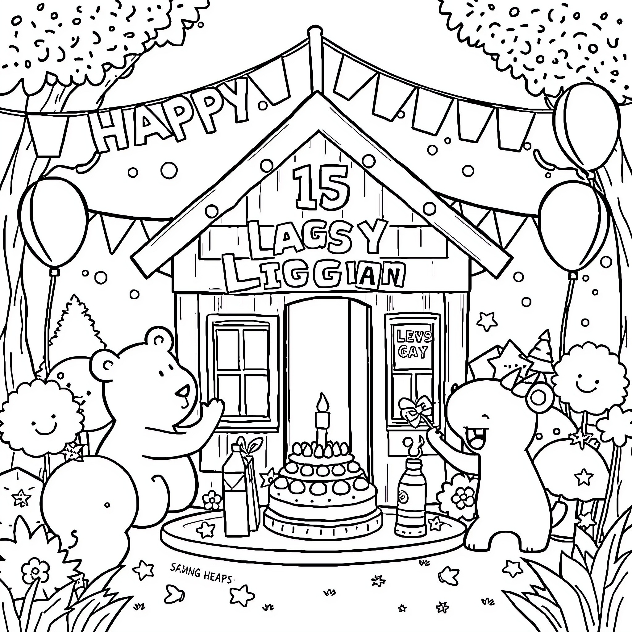 Bear celebrating 15th birthday party with decorations Coloring Page (free black-and-white line drawing printable PDF for all, from beginners to advanced learners, including children, teens, adults, and seniors)