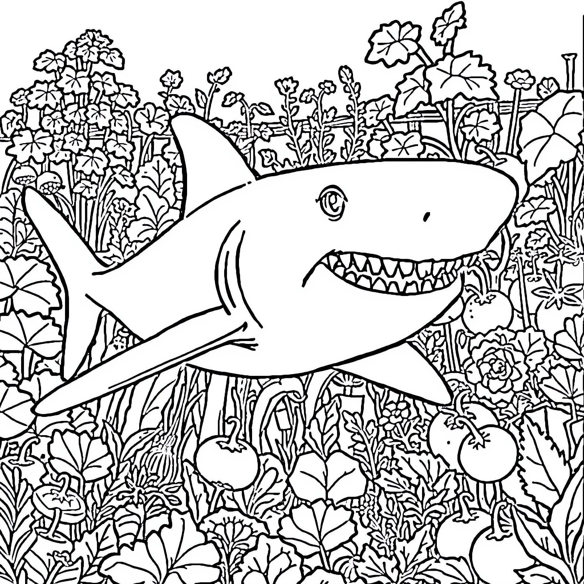 Shark swimming through a lush underwater garden Coloring Page (free black-and-white line drawing printable PDF for all, from beginners to advanced learners, including children, teens, adults, and seniors)