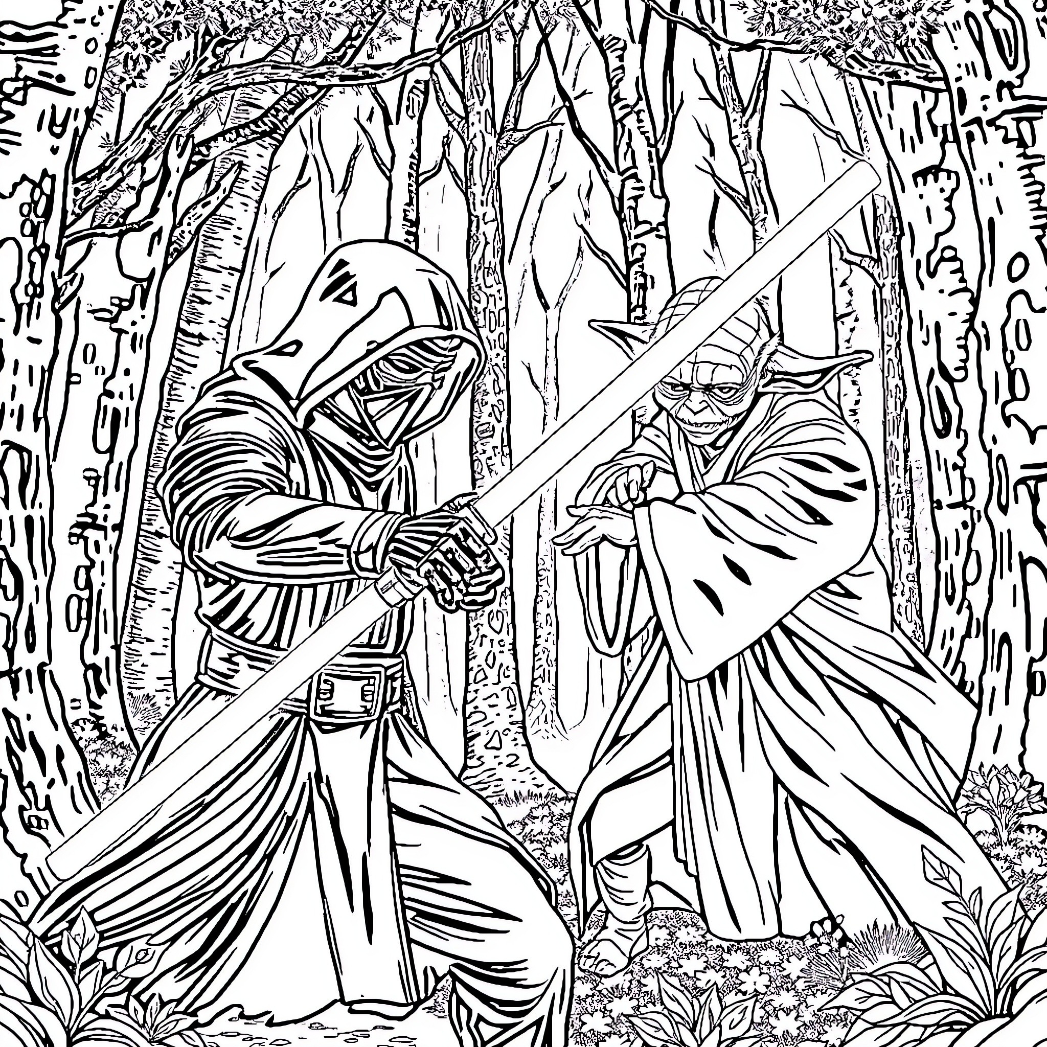 Kylo Ren Battling Jedi in Mysterious Forest Coloring Page (free black-and-white line drawing printable PDF for all, from beginners to advanced learners, including children, teens, adults, and seniors)