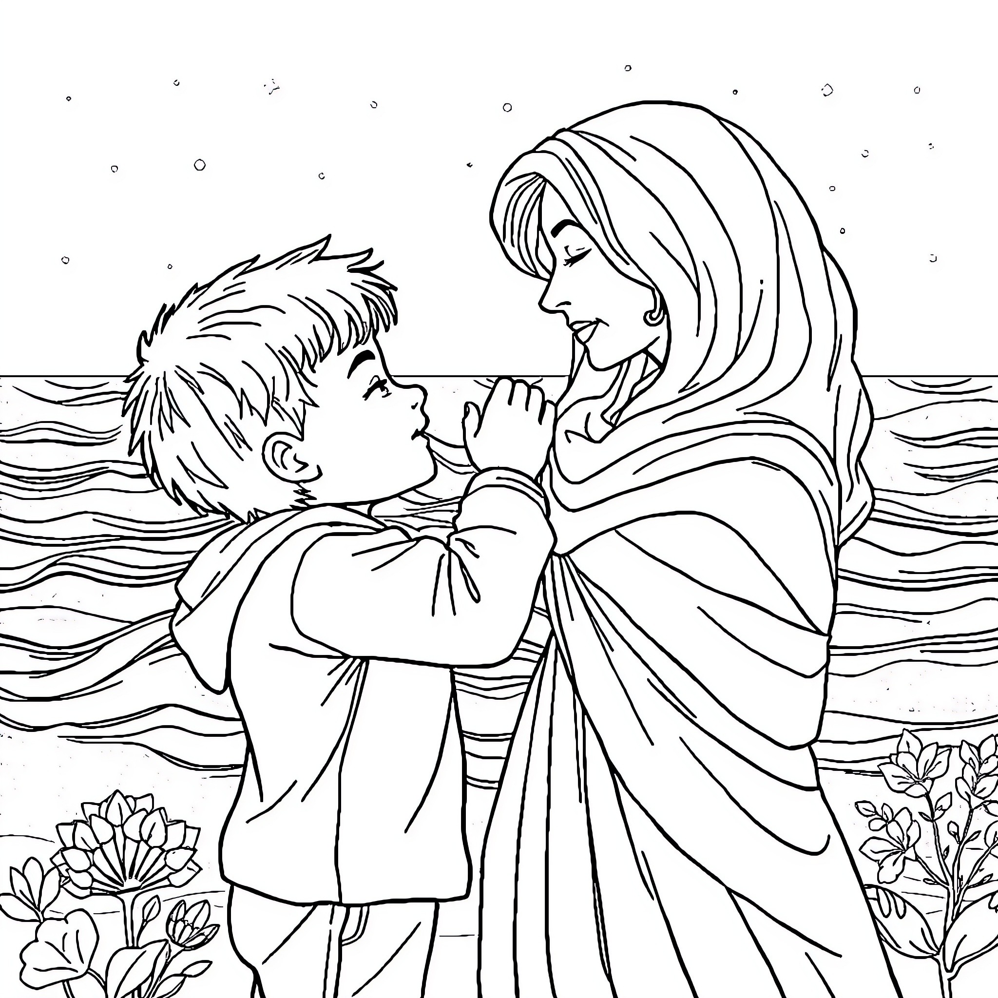 Boy embracing loving mother in serene nature Coloring Page (free black-and-white line drawing printable PDF for all, from beginners to advanced learners, including children, teens, adults, and seniors)