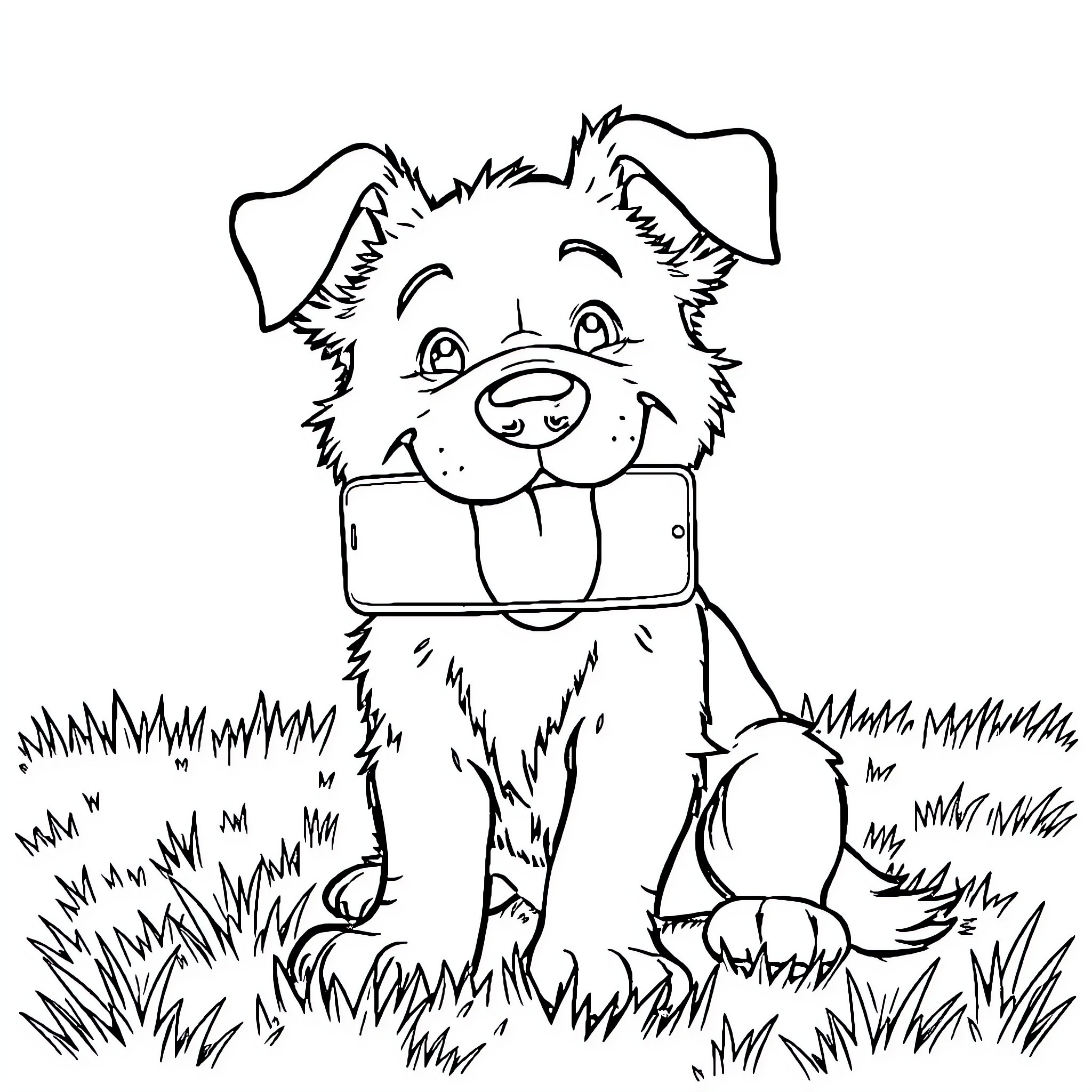 Dog playing happily with mobile phone in the grass Coloring Page (free black-and-white line drawing printable PDF for all, from beginners to advanced learners, including children, teens, adults, and seniors)