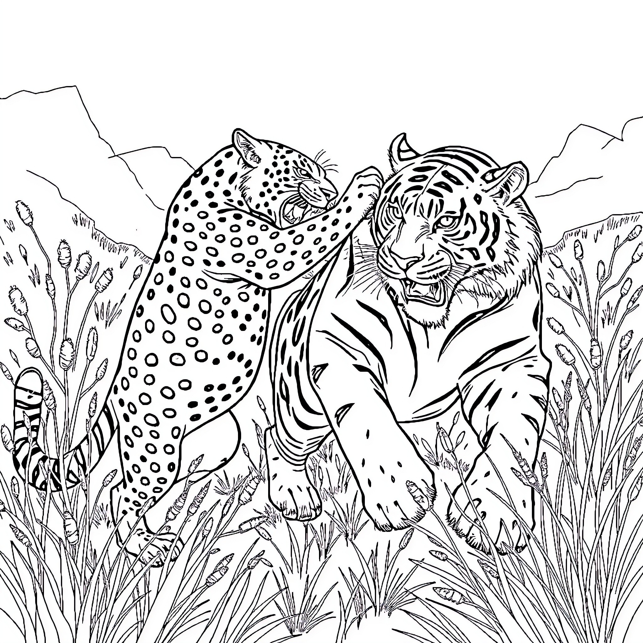 Cheetah and Tiger Roaring in the Wild Grasslands Coloring Page (free black-and-white line drawing printable PDF for all, from beginners to advanced learners, including children, teens, adults, and seniors)