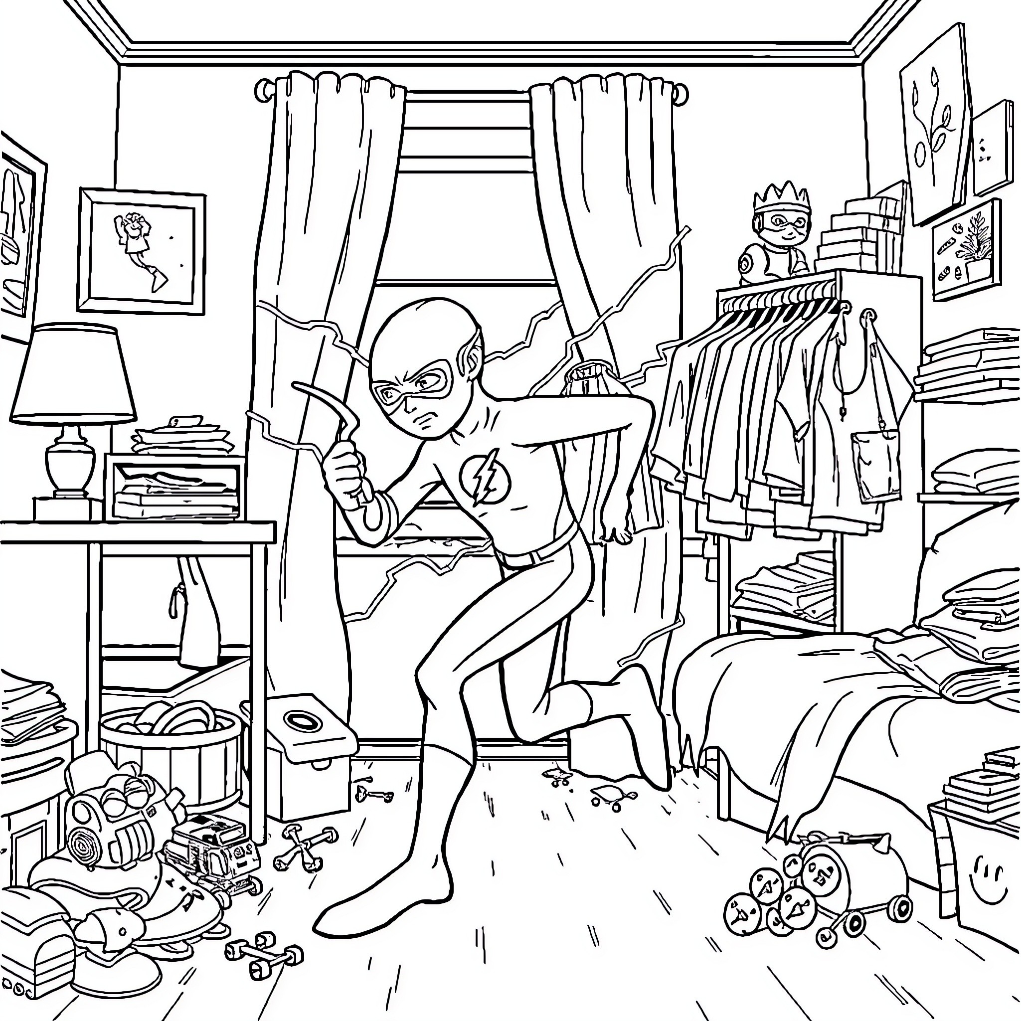 Flash Strikes a Heroic Pose in Cluttered Bedroom Coloring Page (free black-and-white line drawing printable PDF for all, from beginners to advanced learners, including children, teens, adults, and seniors)