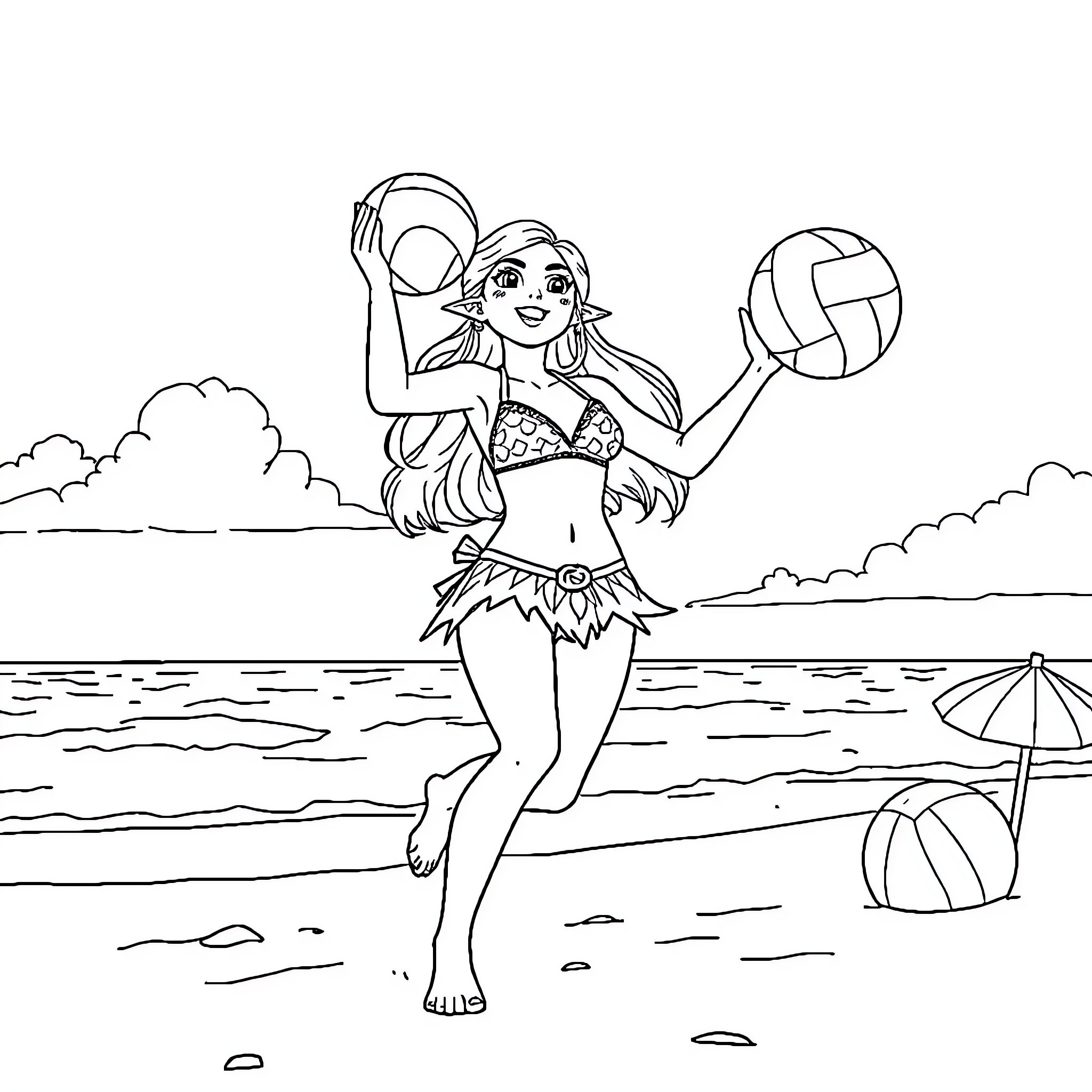 Zelda playing volleyball on the beach Coloring Page (free black-and-white line drawing printable PDF for all, from beginners to advanced learners, including children, teens, adults, and seniors)