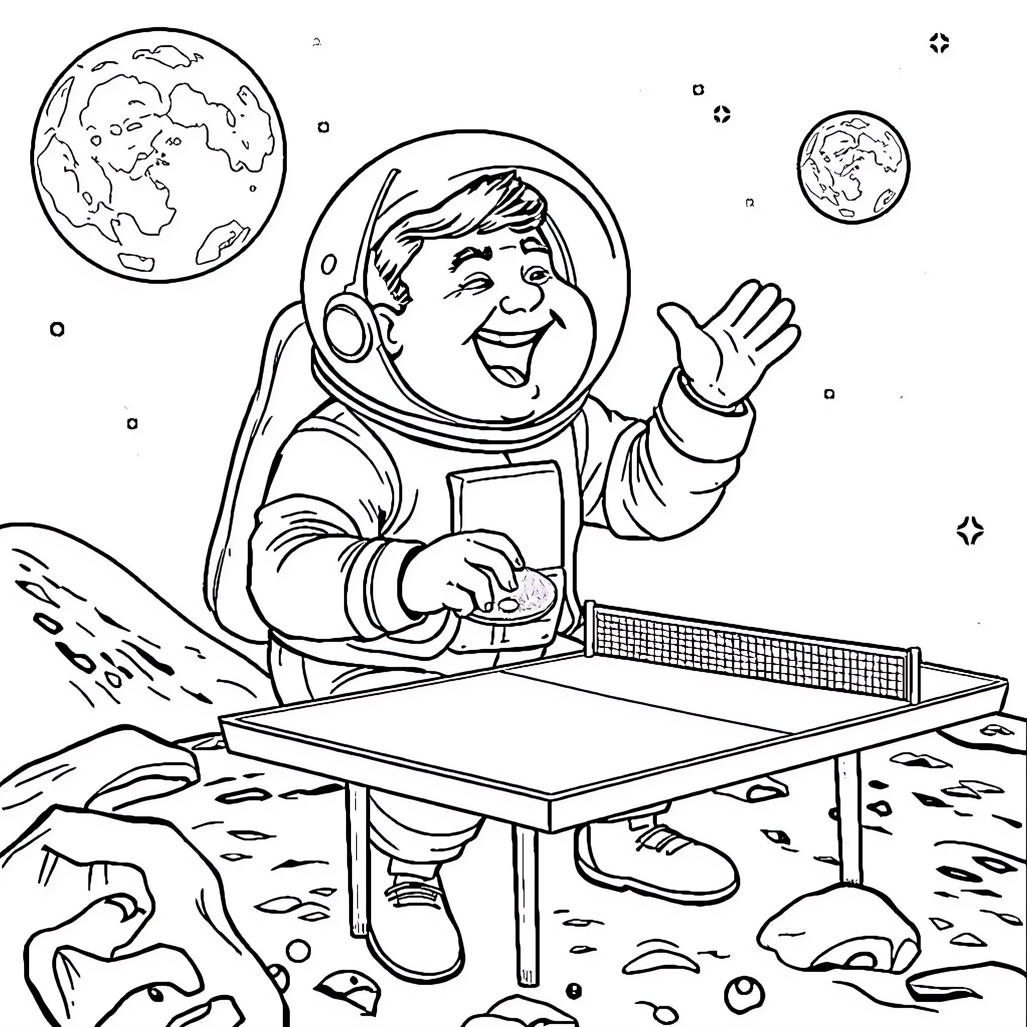 Babe Ruth exploring the surface of an alien planet Coloring Page (free black-and-white line drawing printable PDF for all, from beginners to advanced learners, including children, teens, adults, and seniors)
