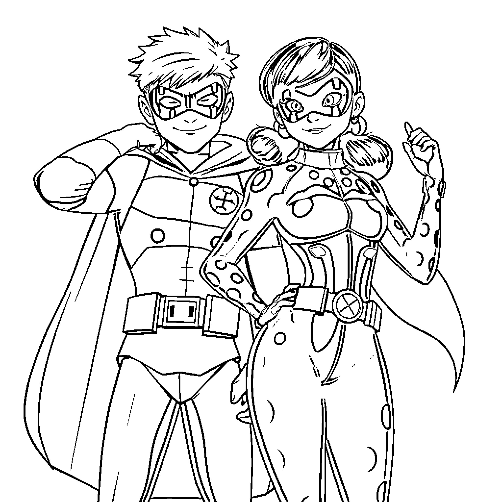 Robin and friend as comic superheroes Coloring Page (free black-and-white line drawing printable PDF for all, from beginners to advanced learners, including children, teens, adults, and seniors)