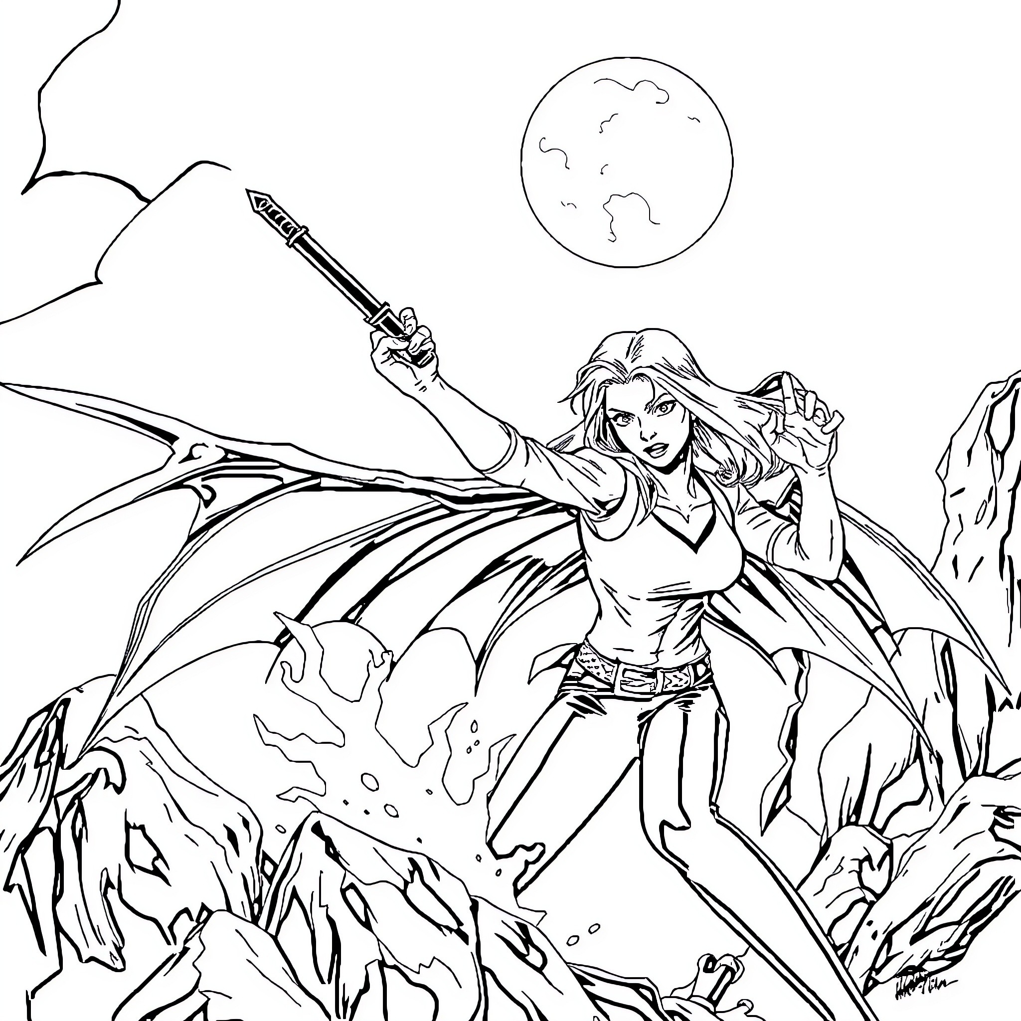 Buffy the Vampire Slayer in action Coloring Page (free black-and-white line drawing printable PDF for all, from beginners to advanced learners, including children, teens, adults, and seniors)
